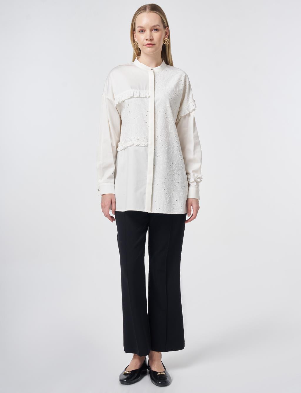 Broderie Trim Modal Blouse – Ecru