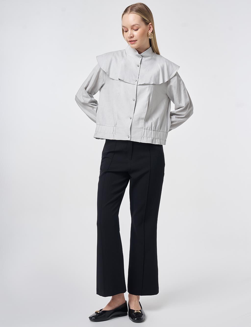 Volan Yakalı Kısa Ceket Açık Gri 