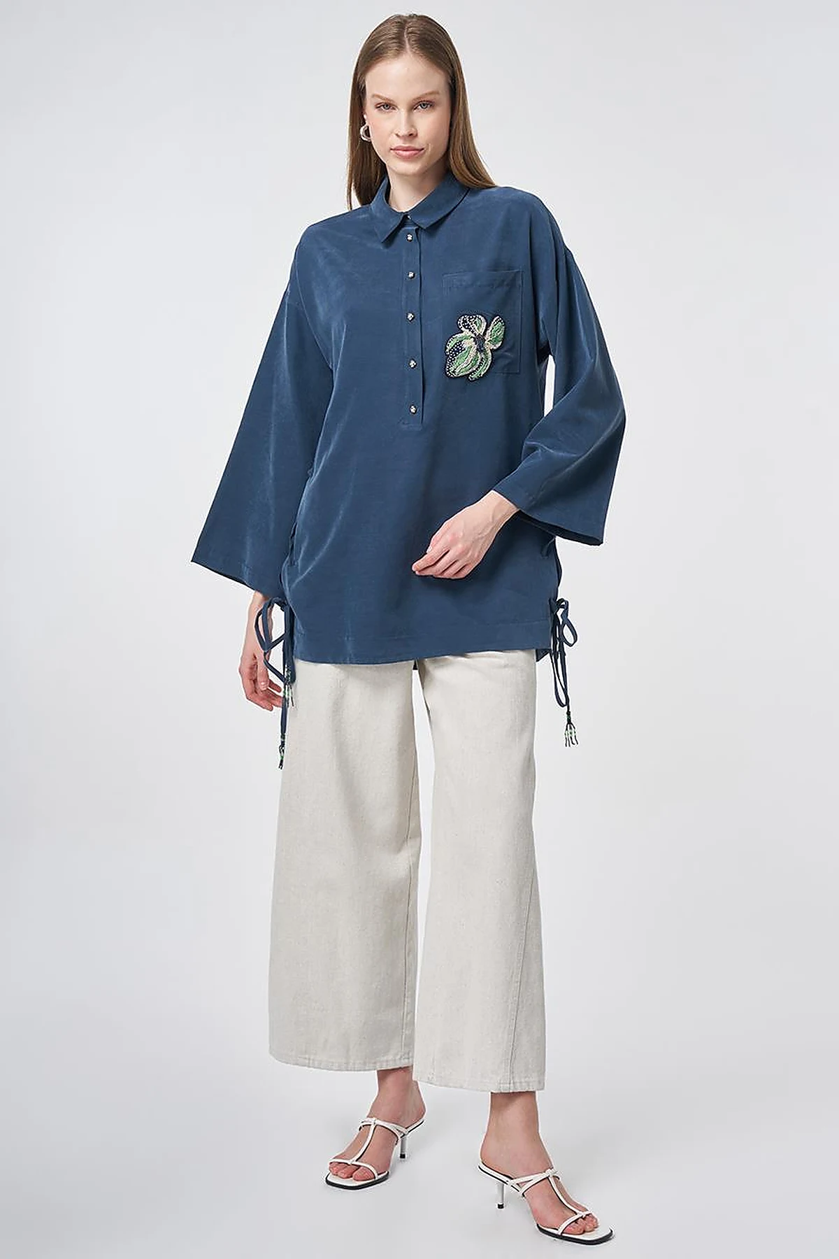 Beaded Embroidered Modal Tunic – Dark Navy