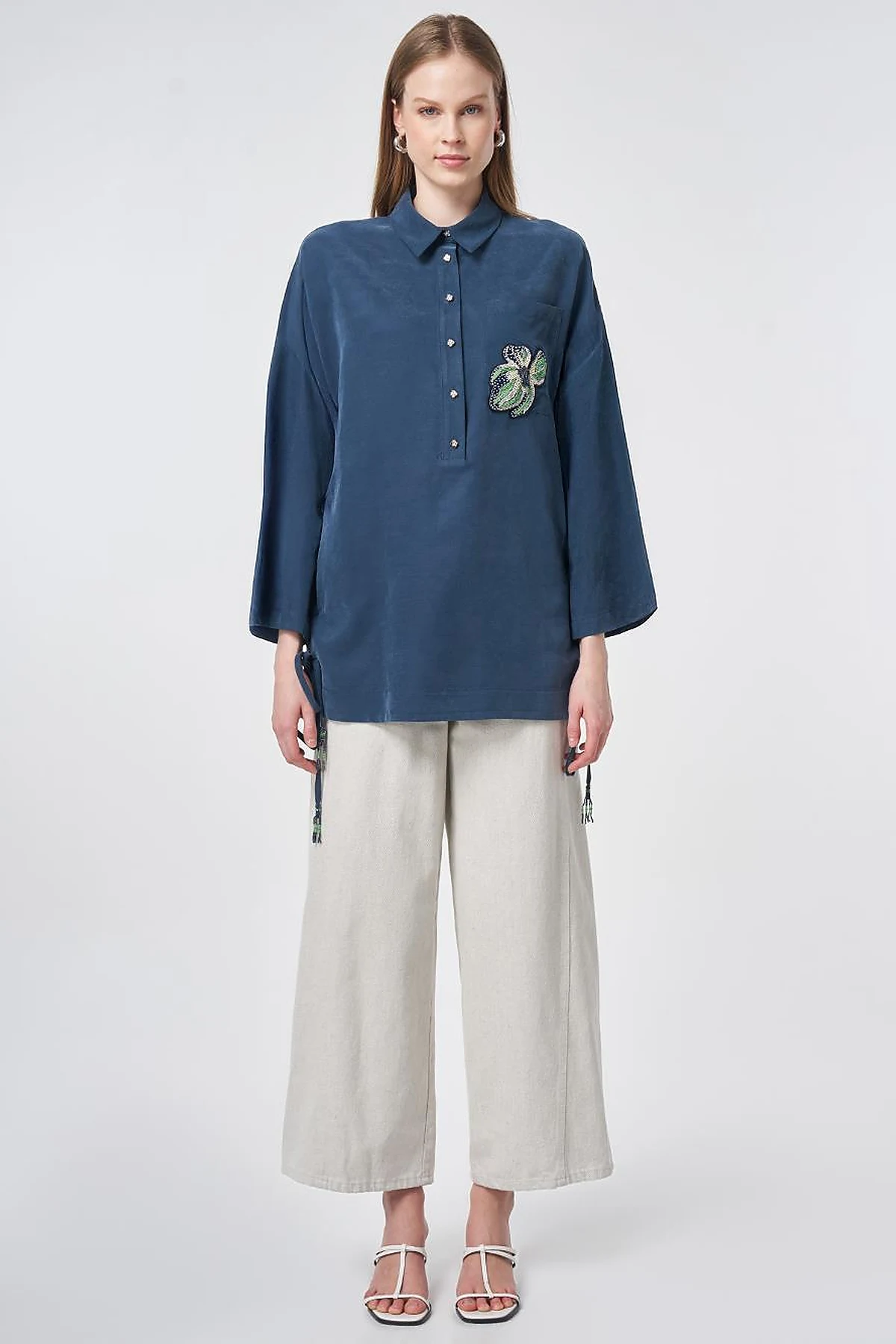 Beaded Embroidered Modal Tunic – Dark Navy
