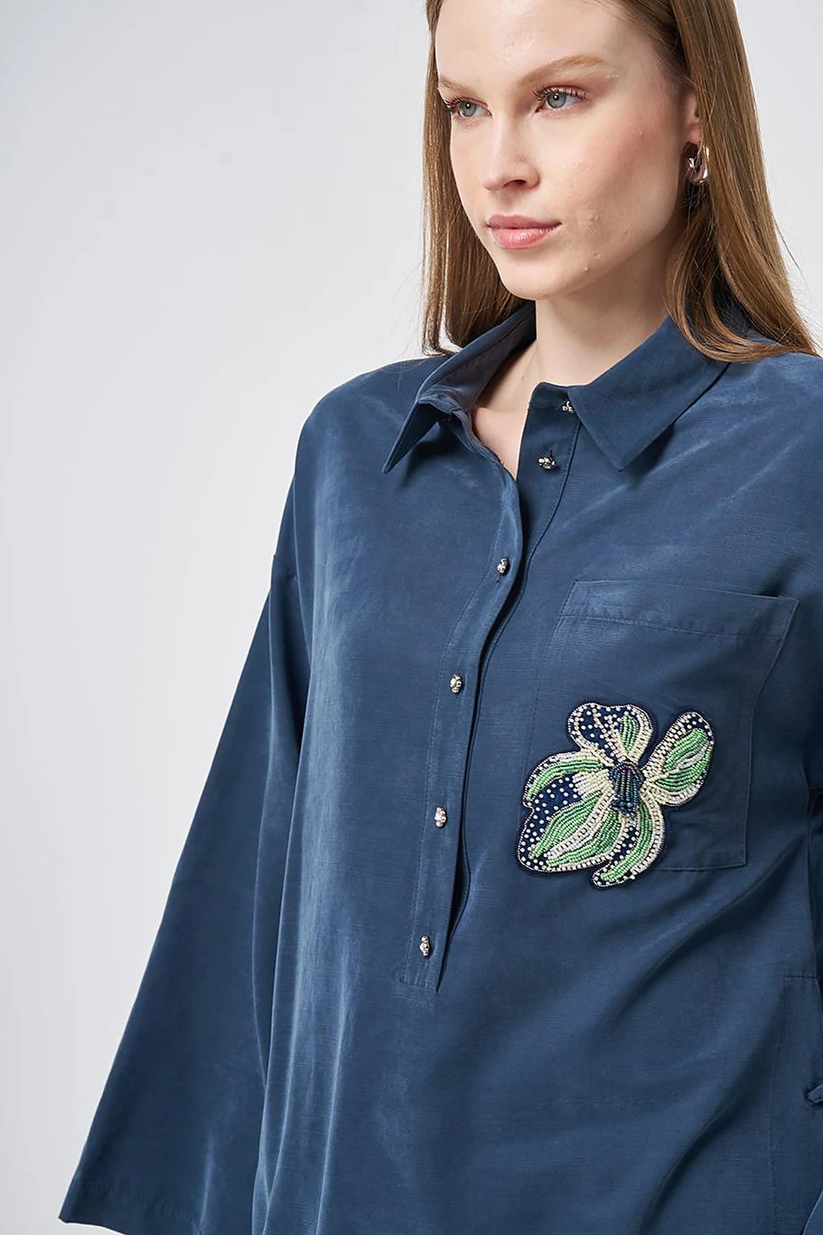 Beaded Embroidered Modal Tunic – Dark Navy