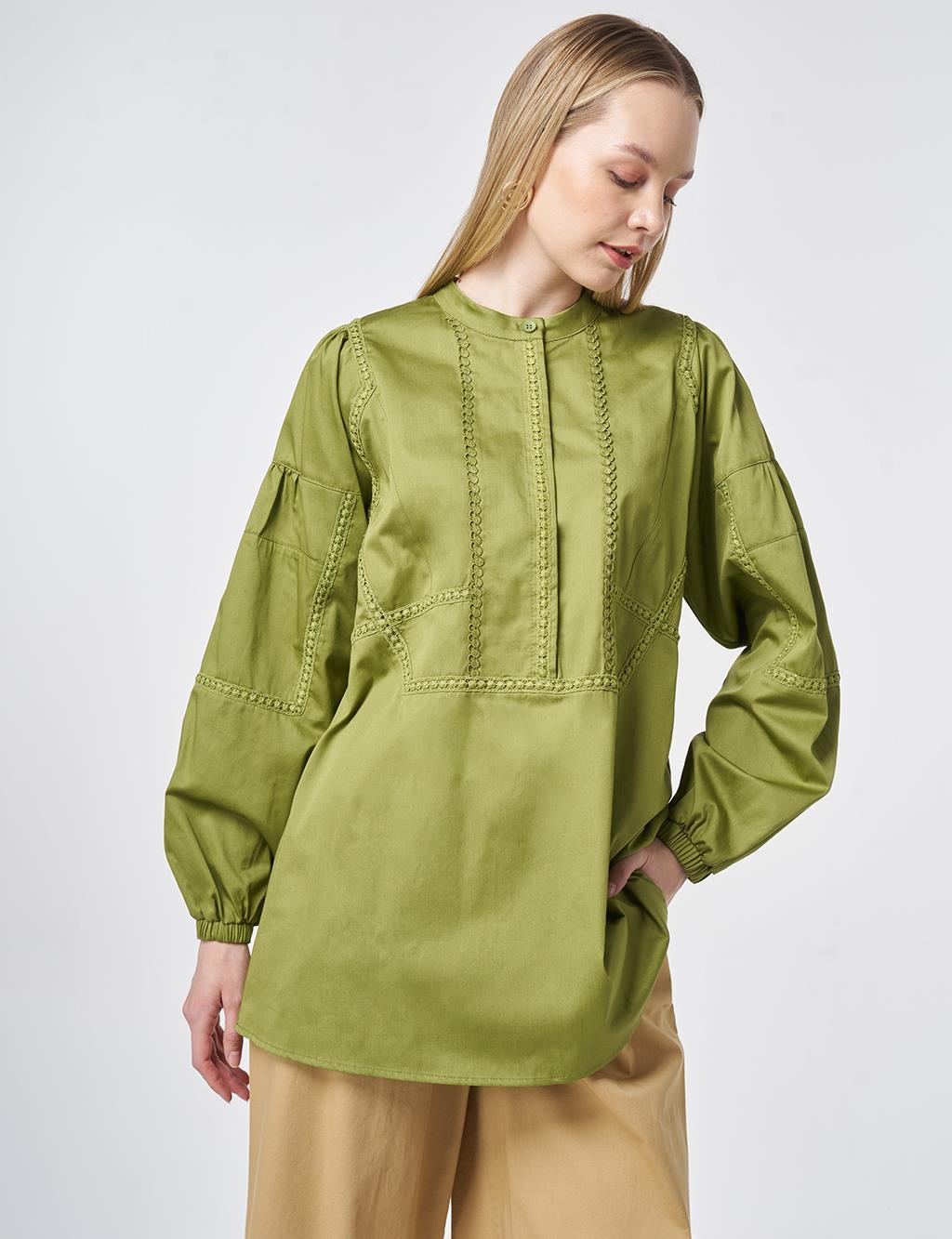 100% Cotton Striped Eyelet Tunic Matcha Green