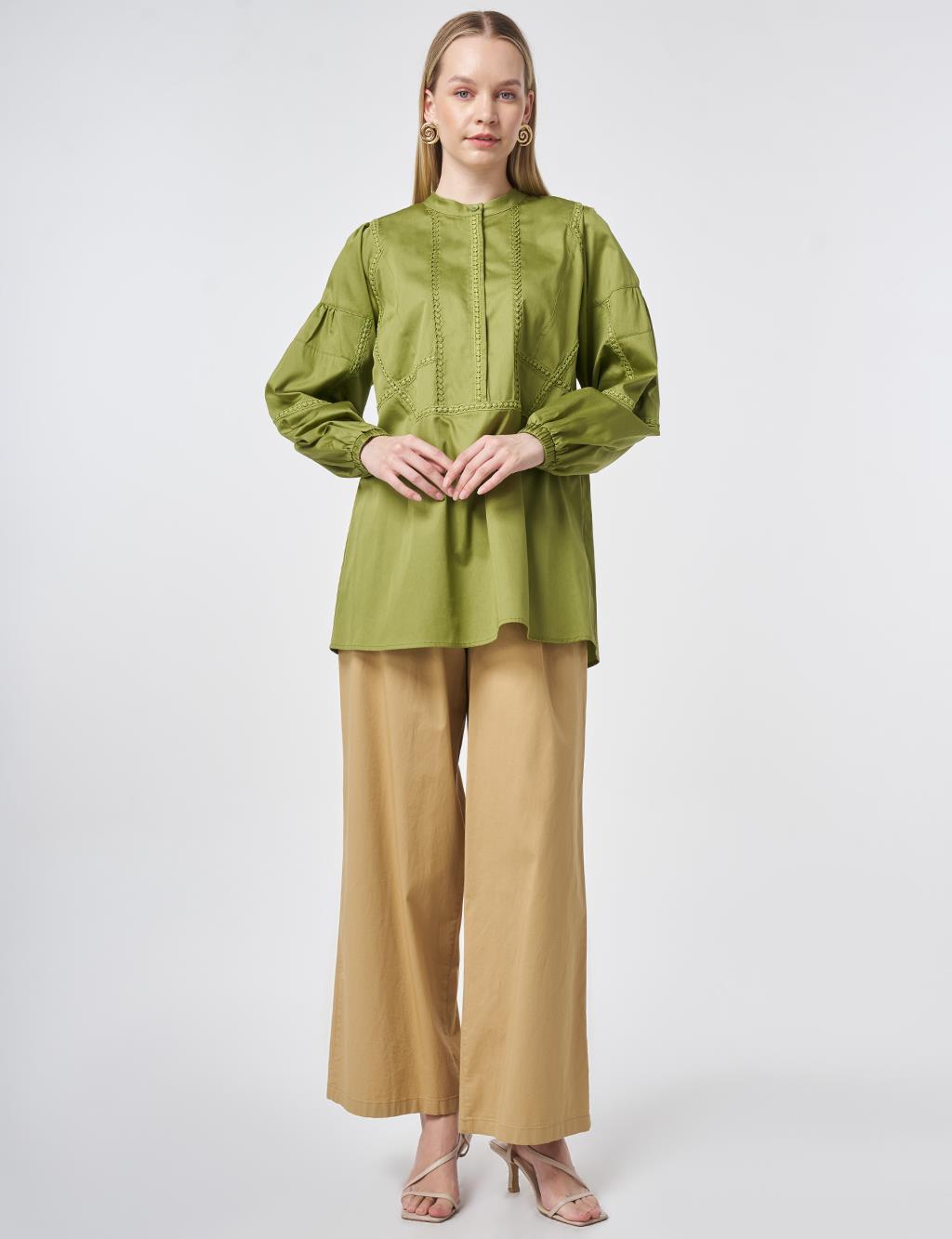 100% Cotton Striped Eyelet Tunic Matcha Green