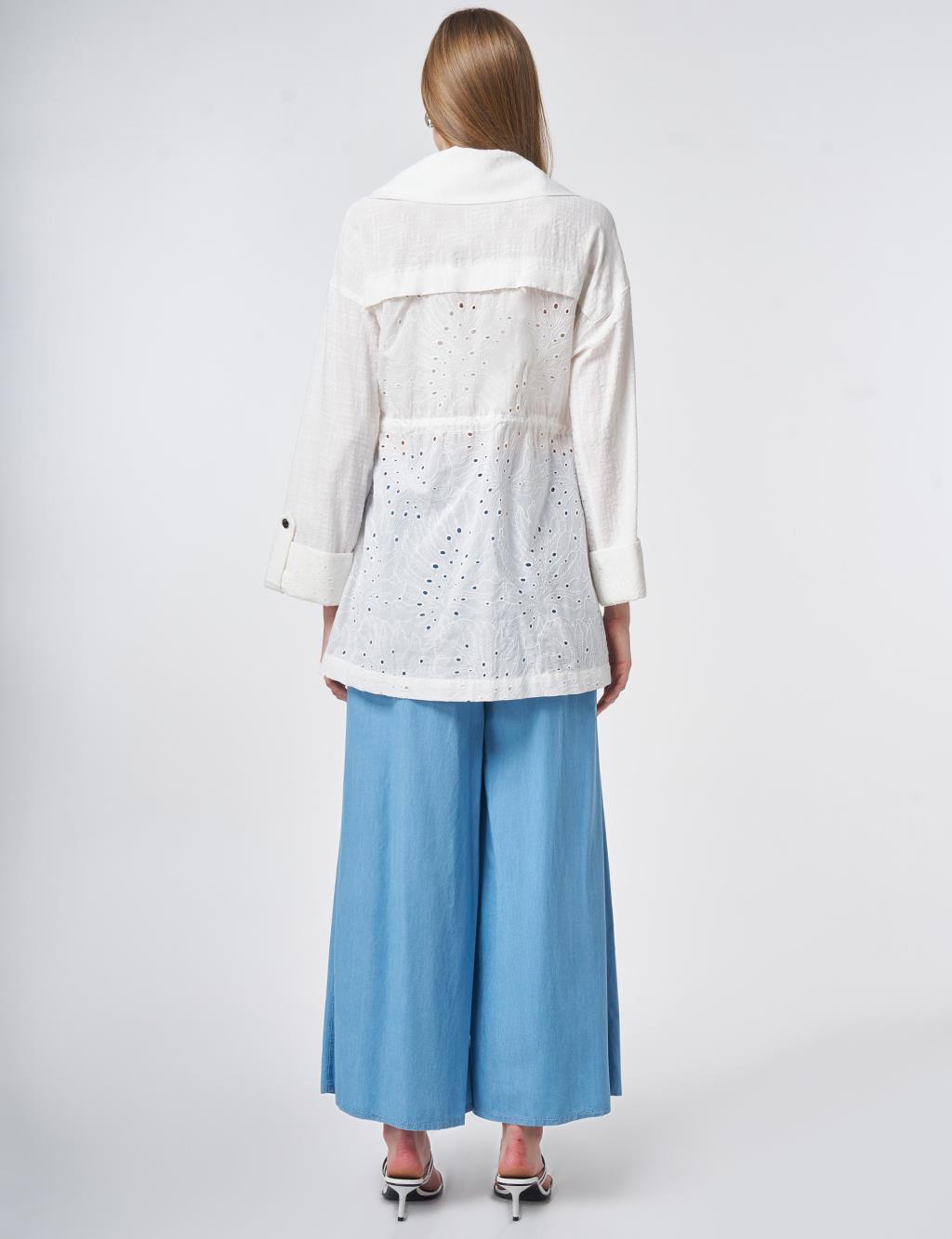 Pocket Detailed Broderie Trim Coat – Off White