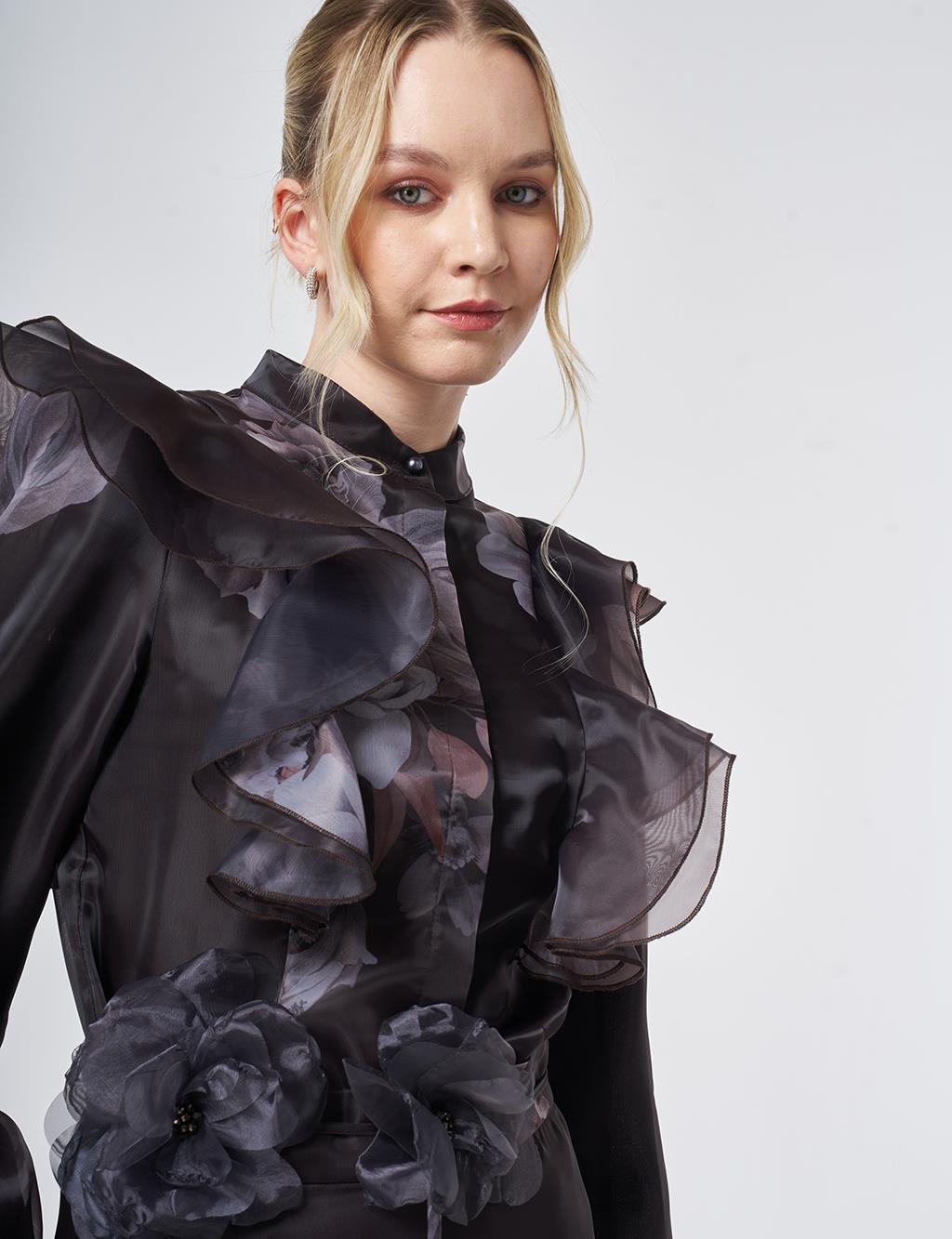 Ruffled Organza Two-Piece Set – Dark Brown