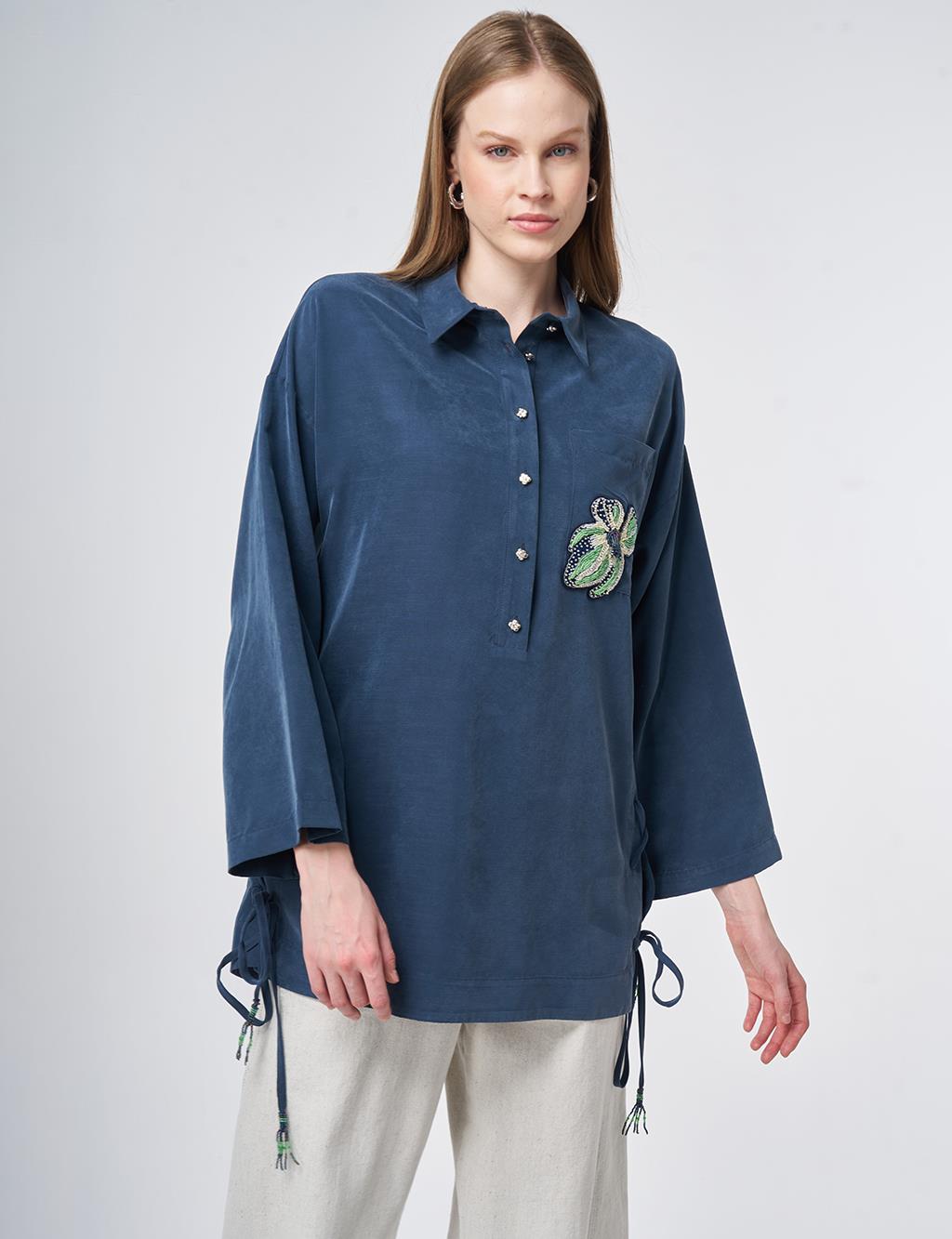 Beaded Embroidered Modal Tunic – Dark Navy