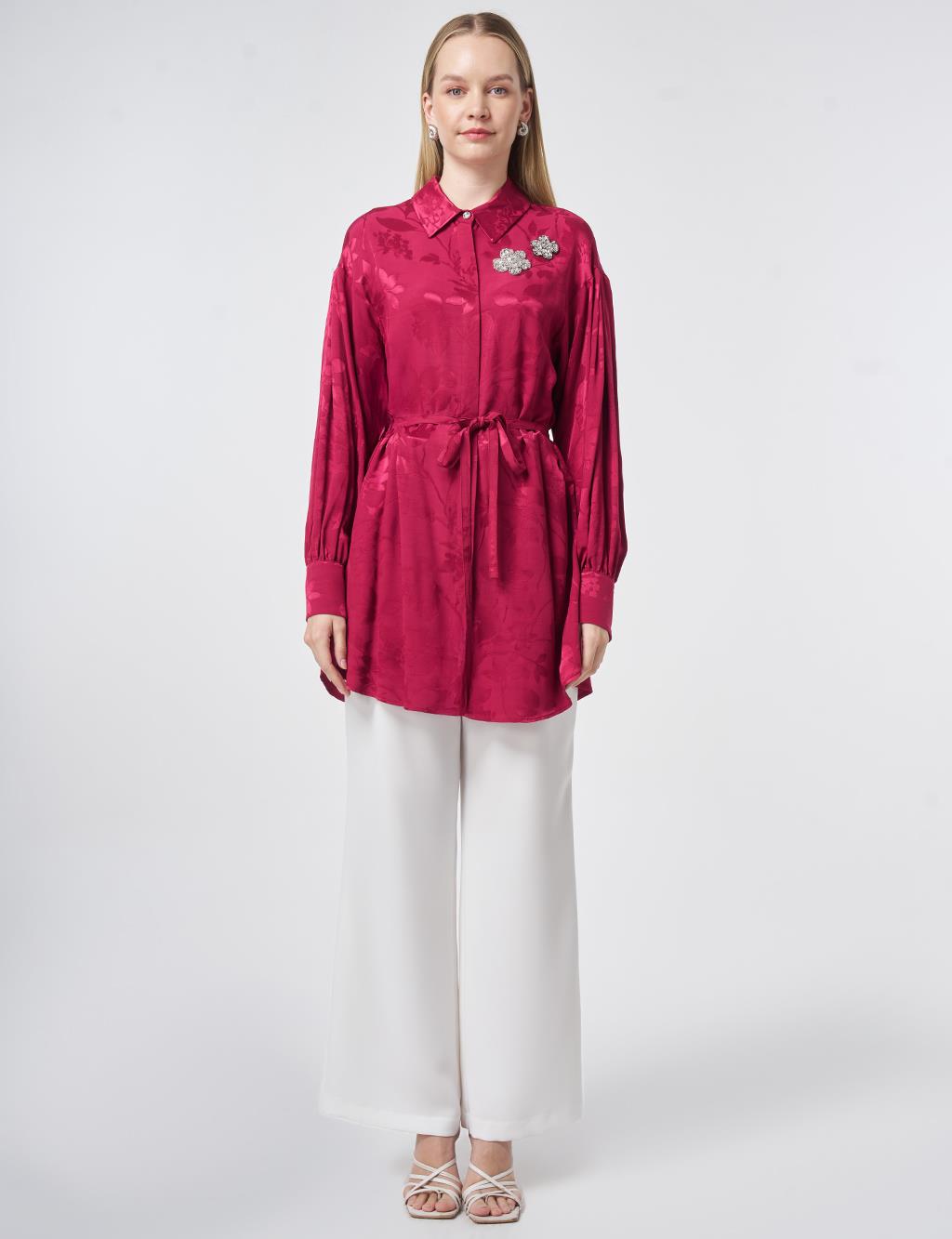 Tie Belt Detailed Wide Cuff Viscose Tunic – Cherry