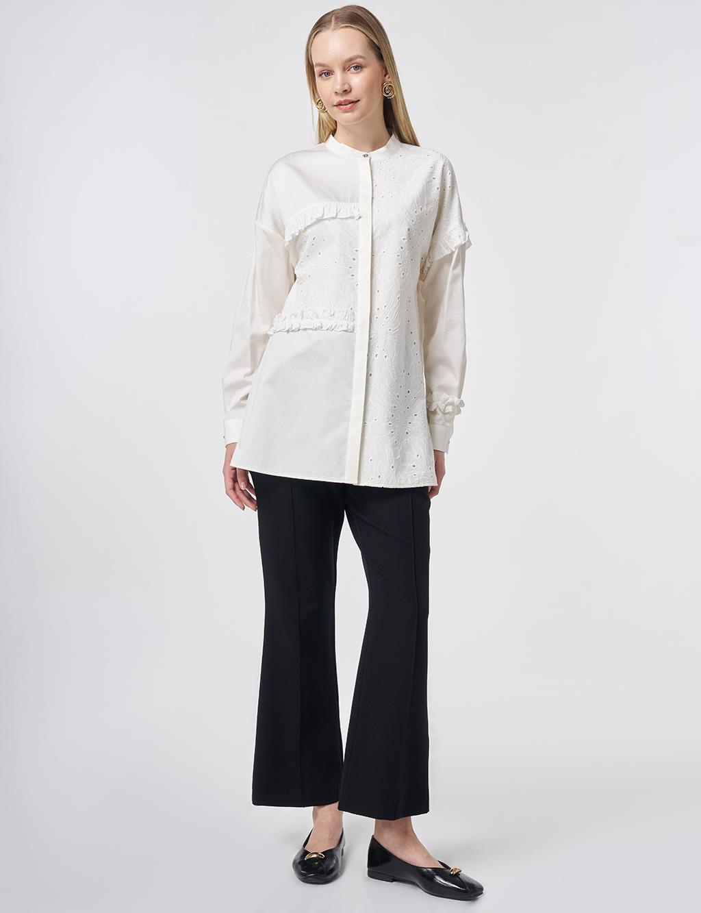 Broderie Trim Modal Blouse – Ecru