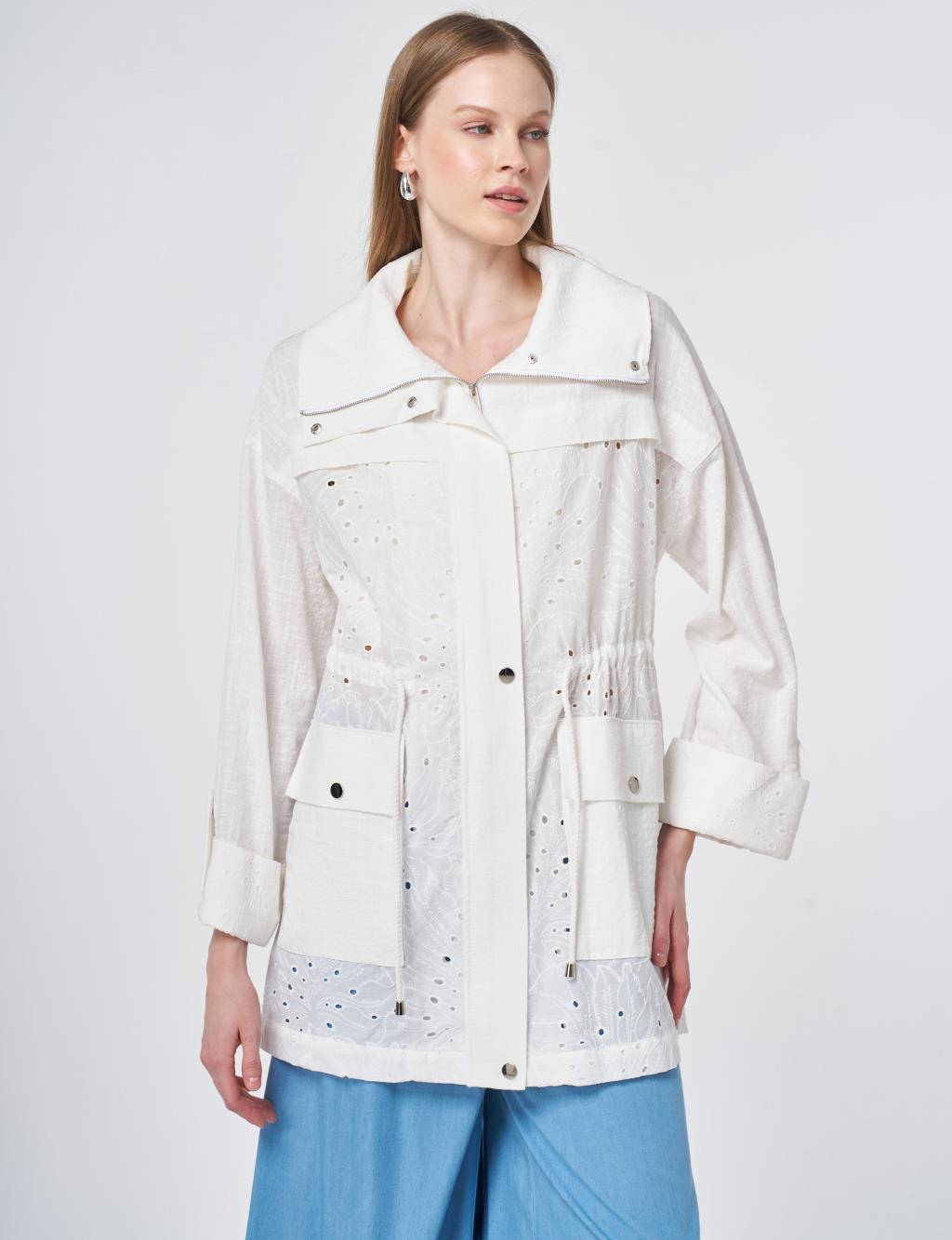 Pocket Detailed Broderie Trim Coat – Off White