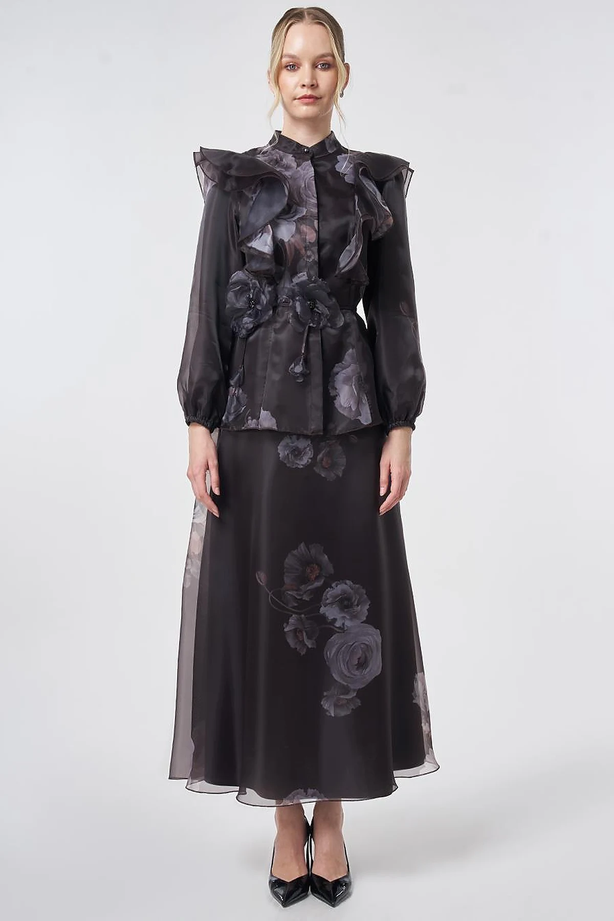 Ruffled Organza Two-Piece Set – Dark Brown