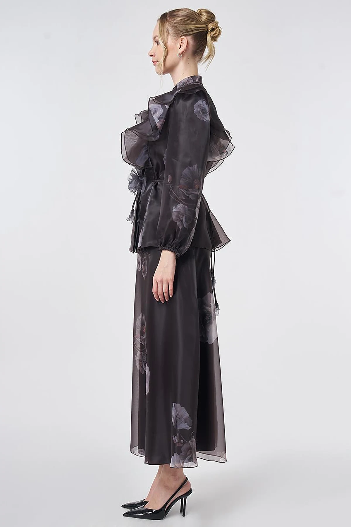 Ruffled Organza Two-Piece Set – Dark Brown