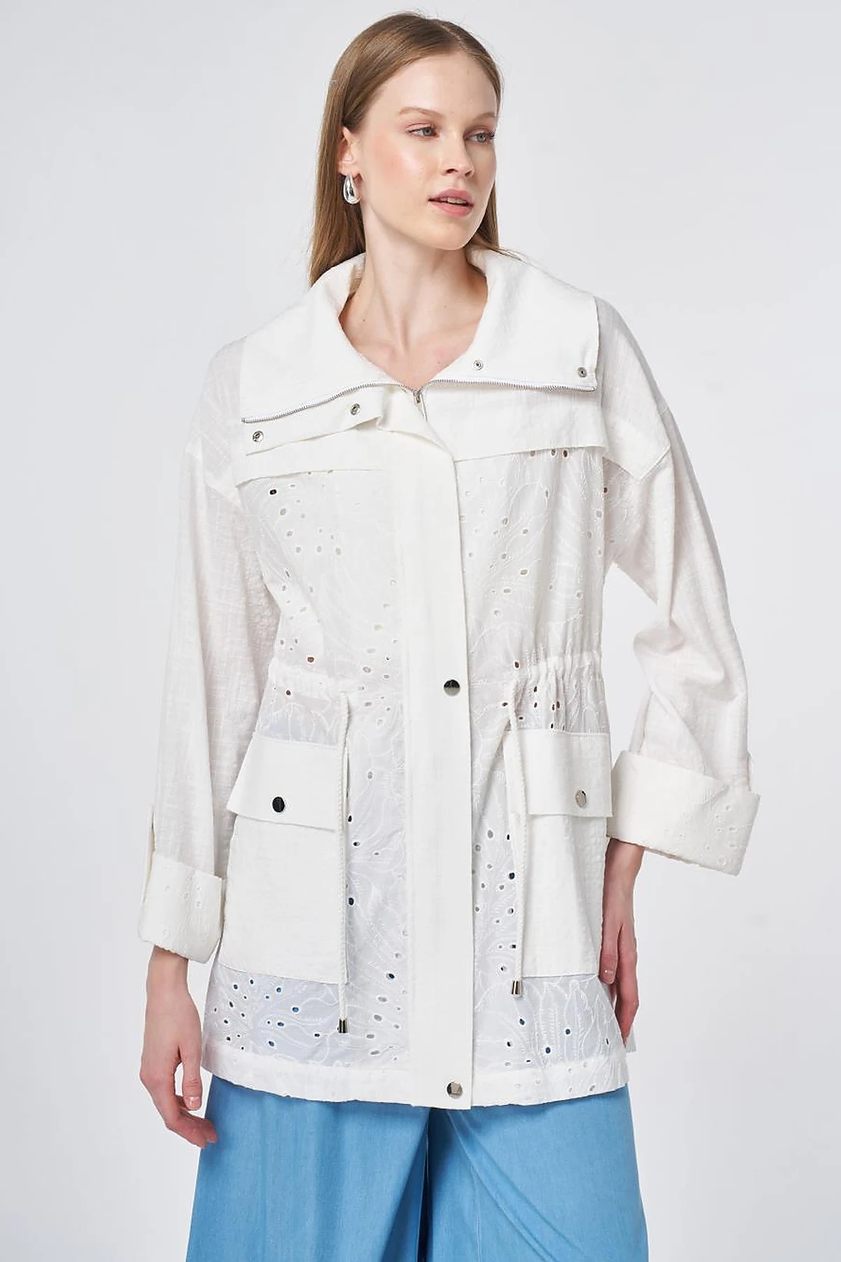 Pocket Detailed Broderie Trim Coat – Off White
