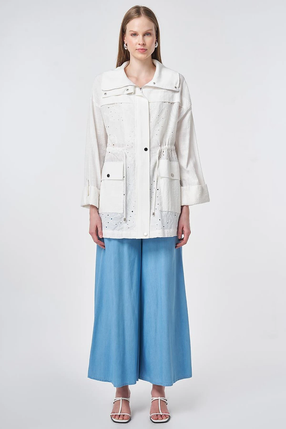 Pocket Detailed Broderie Trim Coat – Off White