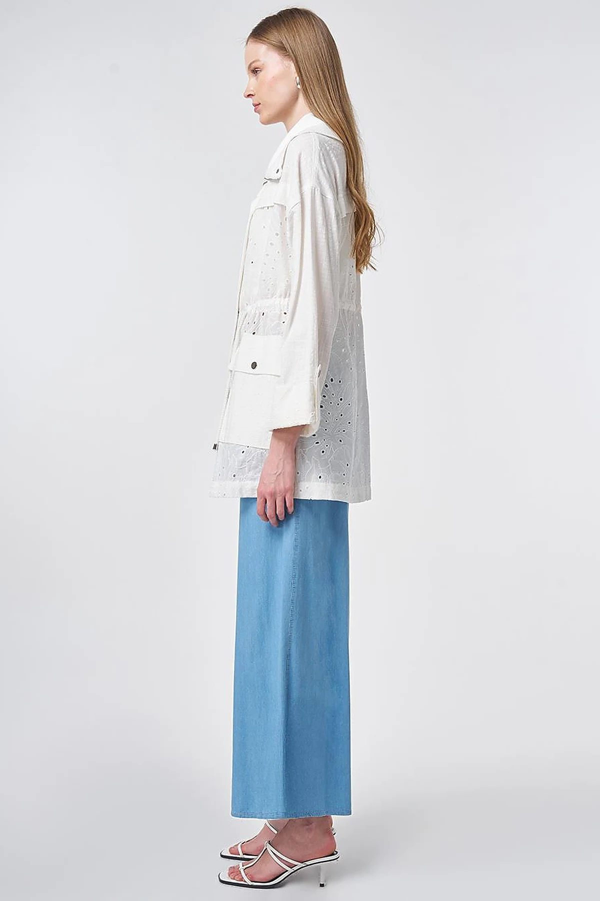 Pocket Detailed Broderie Trim Coat – Off White