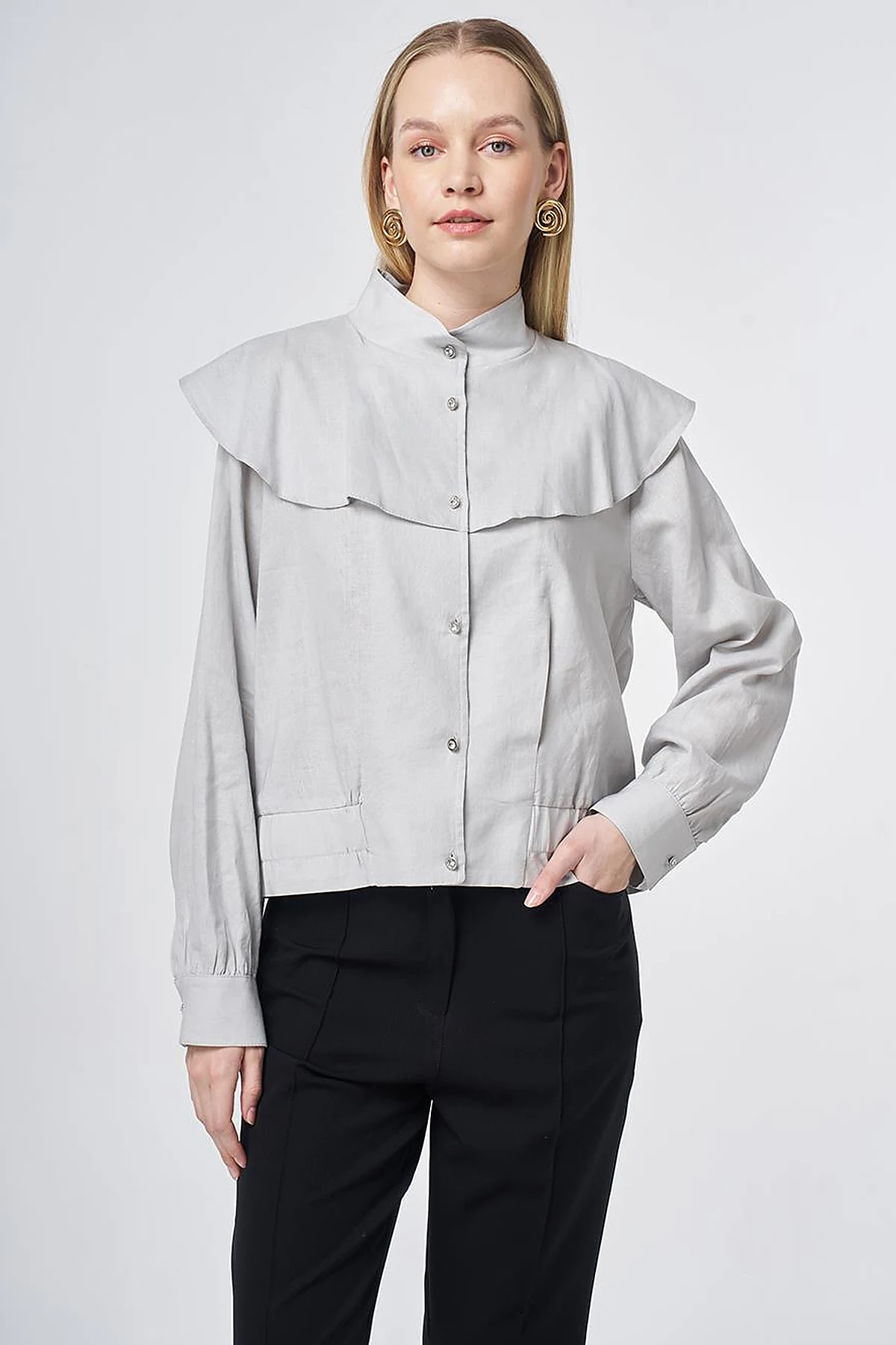 Ruffled Collar Cropped Jacket Light Grey
