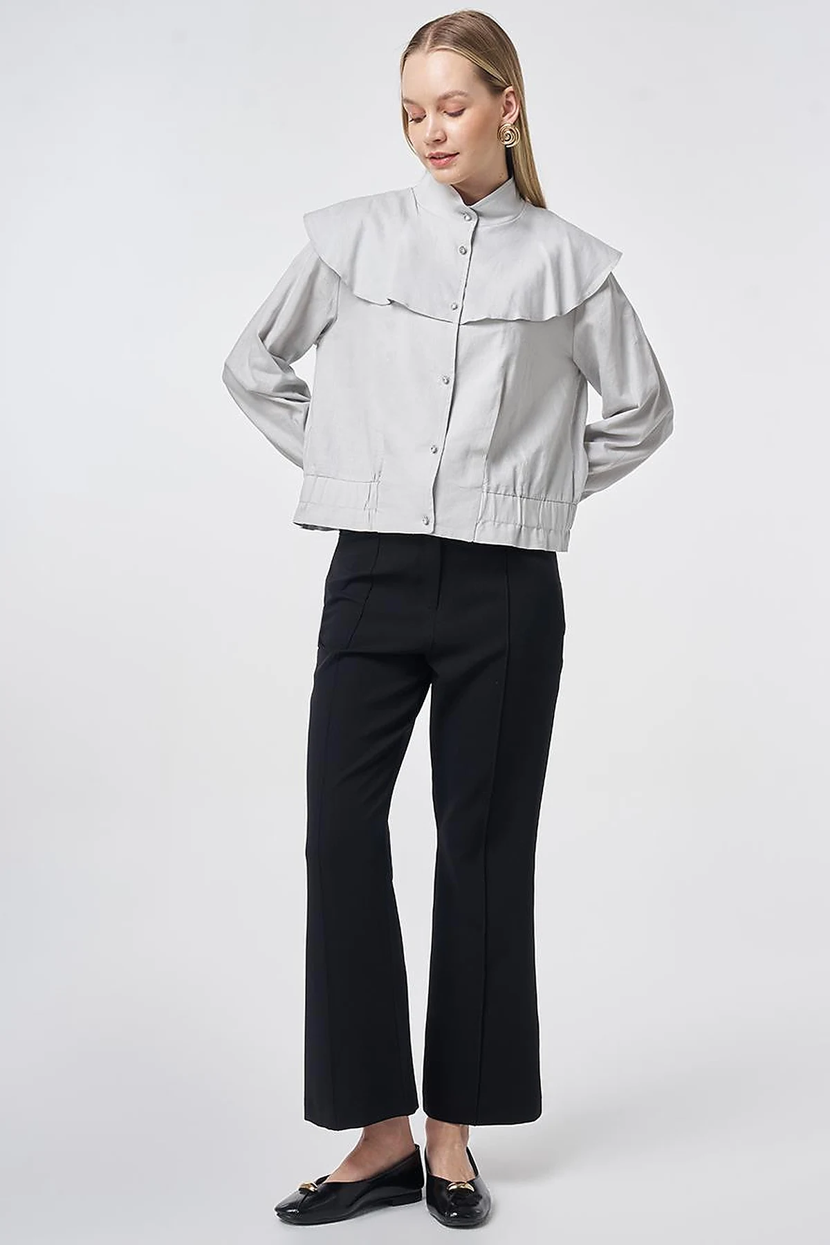 Ruffled Collar Cropped Jacket Light Grey