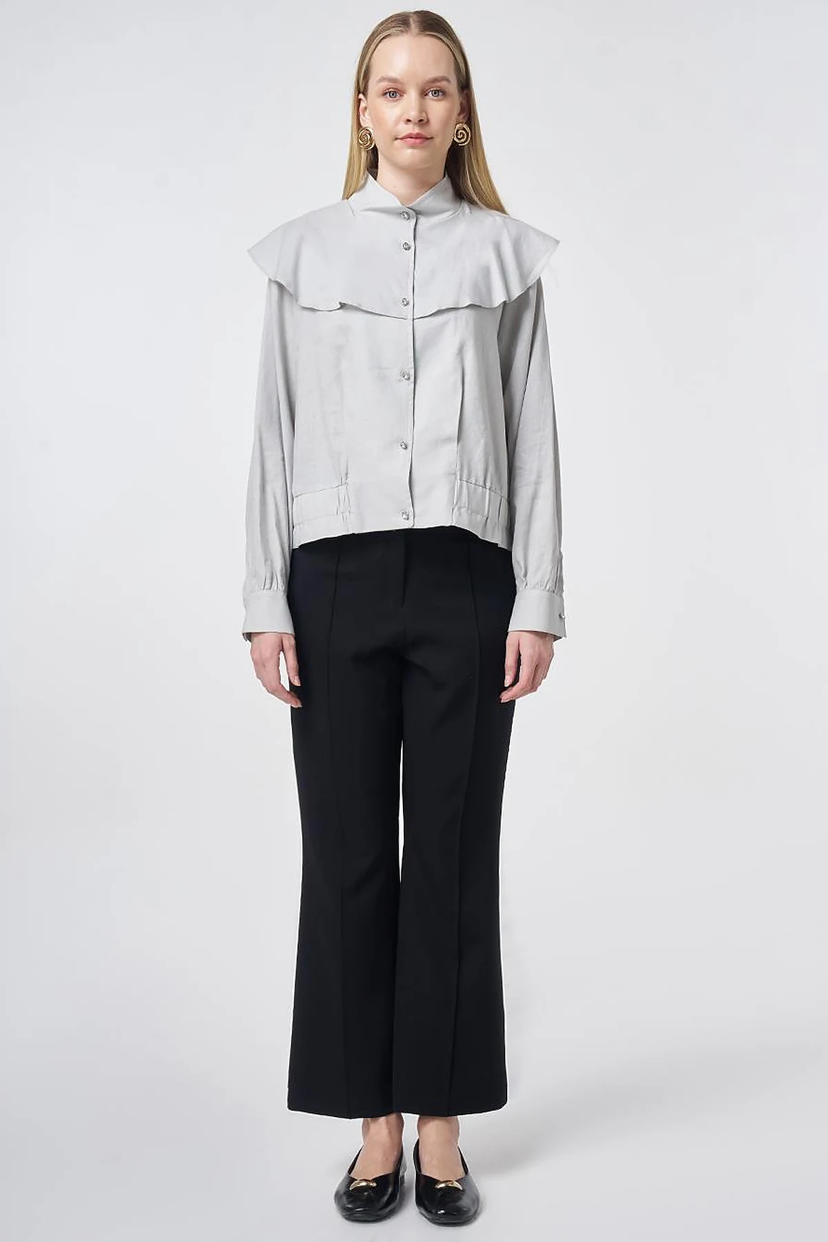 Ruffled Collar Cropped Jacket Light Grey