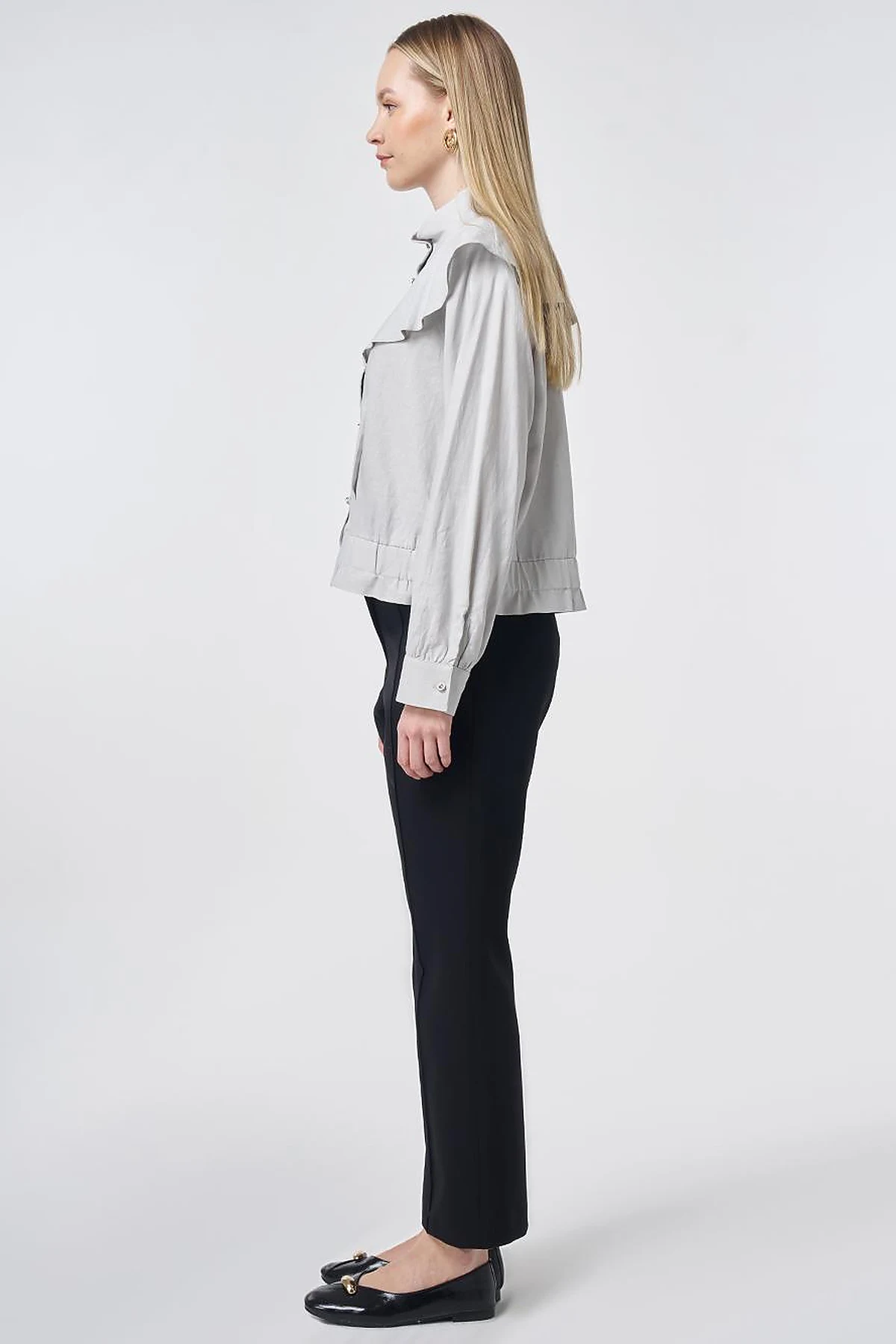 Ruffled Collar Cropped Jacket Light Grey