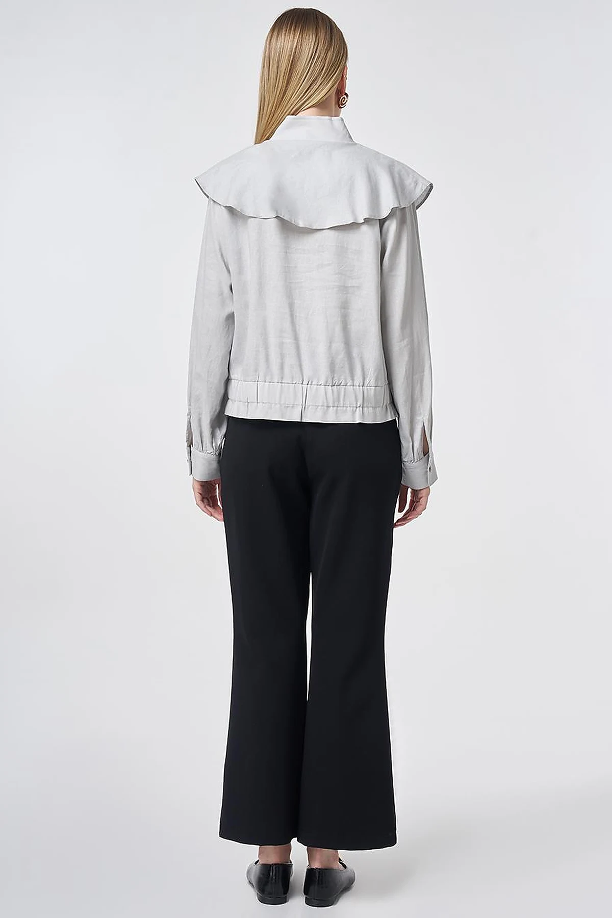 Ruffled Collar Cropped Jacket Light Grey