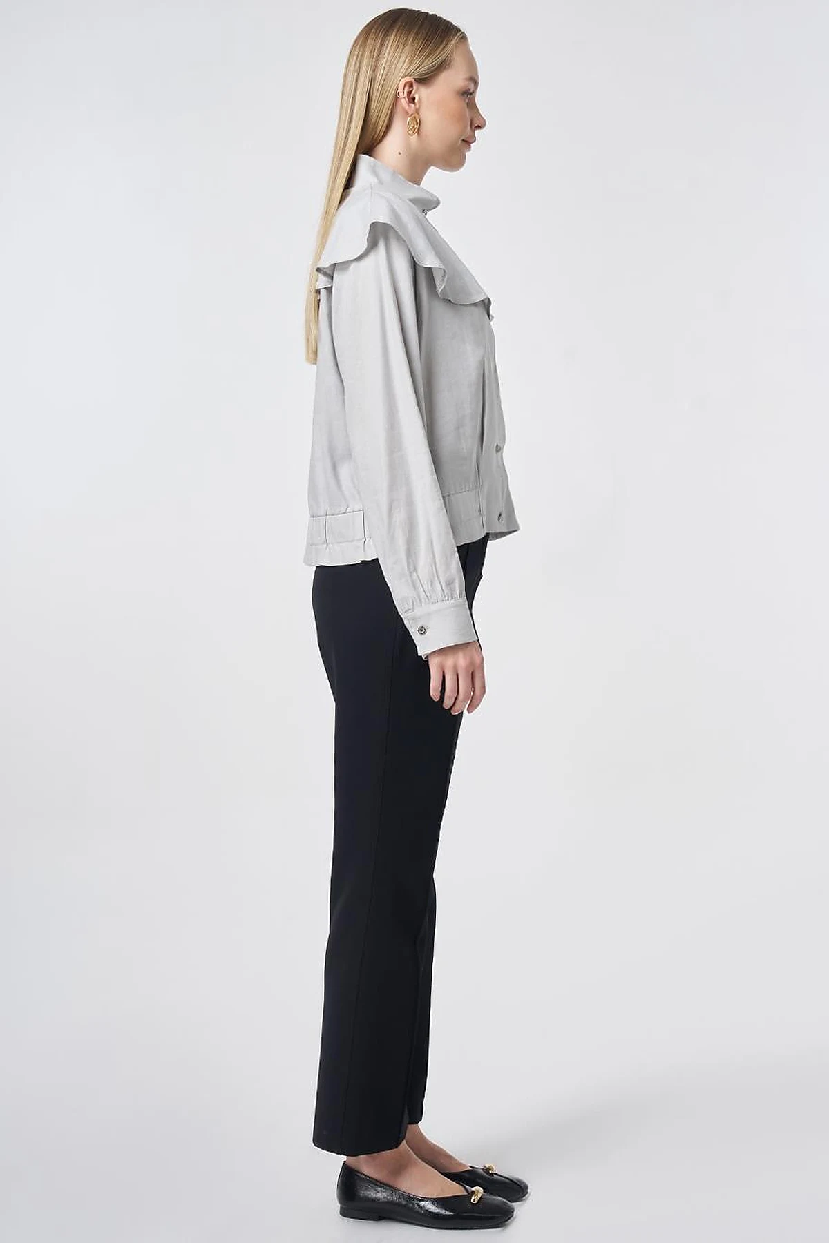 Ruffled Collar Cropped Jacket Light Grey