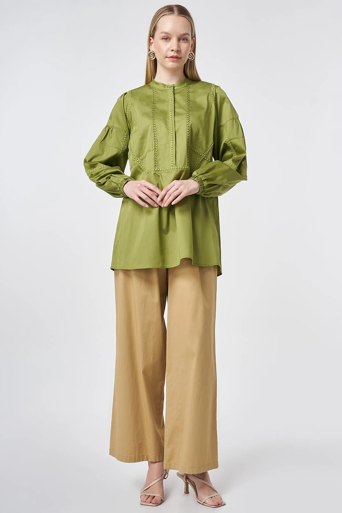 %100 Pamuklu Şerit Fistolu Tunik Matcha Yeşili 