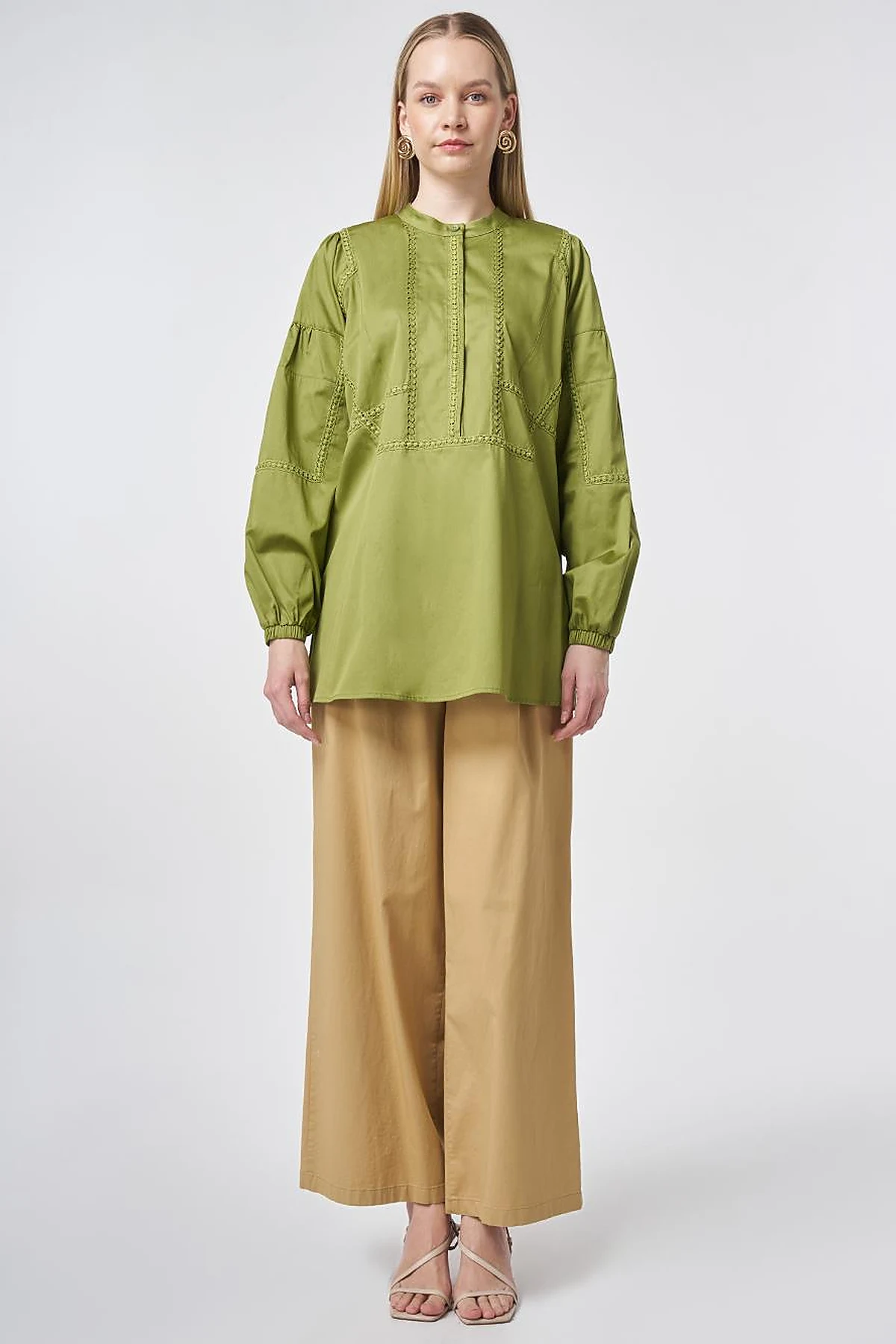 %100 Pamuklu Şerit Fistolu Tunik Matcha Yeşili 