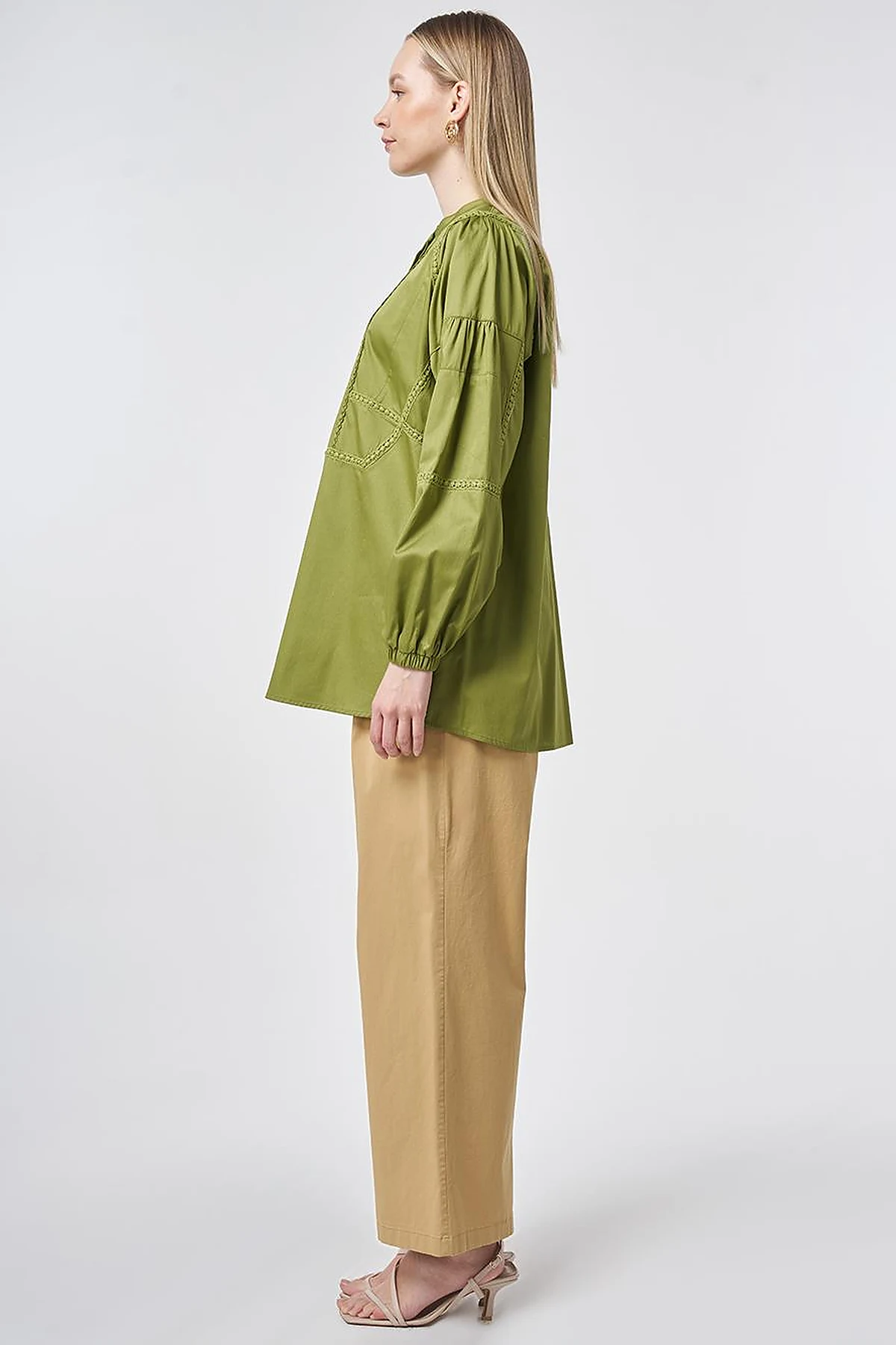 %100 Pamuklu Şerit Fistolu Tunik Matcha Yeşili 