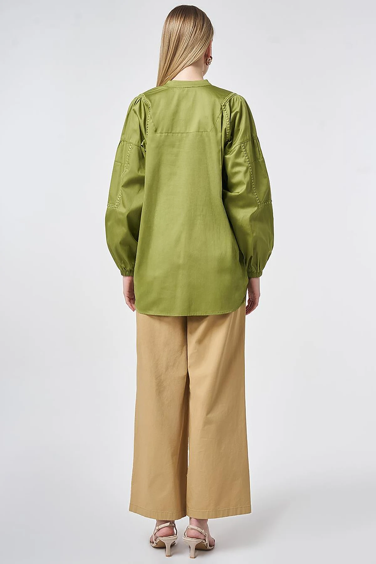 %100 Pamuklu Şerit Fistolu Tunik Matcha Yeşili 