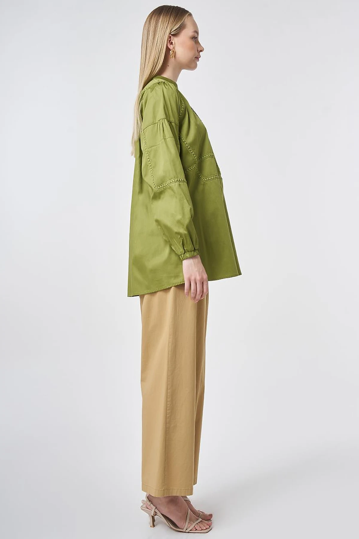 %100 Pamuklu Şerit Fistolu Tunik Matcha Yeşili 