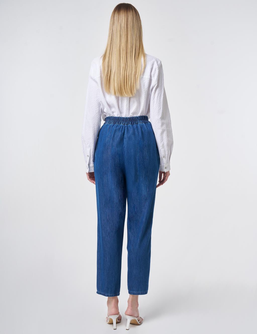 Washed Metallic Print Denim Trousers Blue