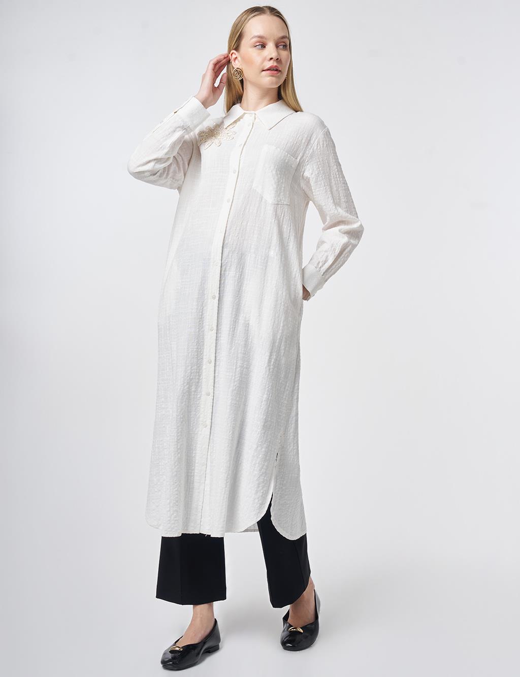 Embroidered Appliqué Textured Long Tunic in Off-White
