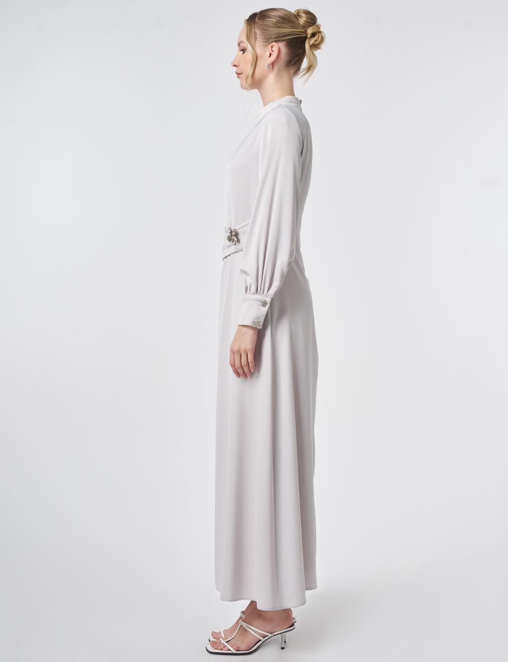 Drapeli Saten Elbise Açık Gri 