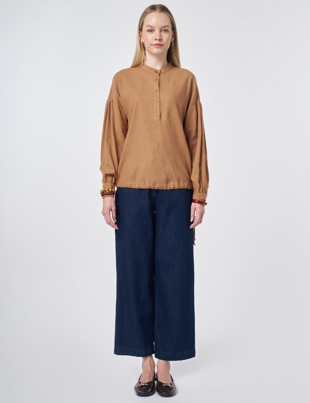 Stitch Detail Linen-Viscose Blouse Camel