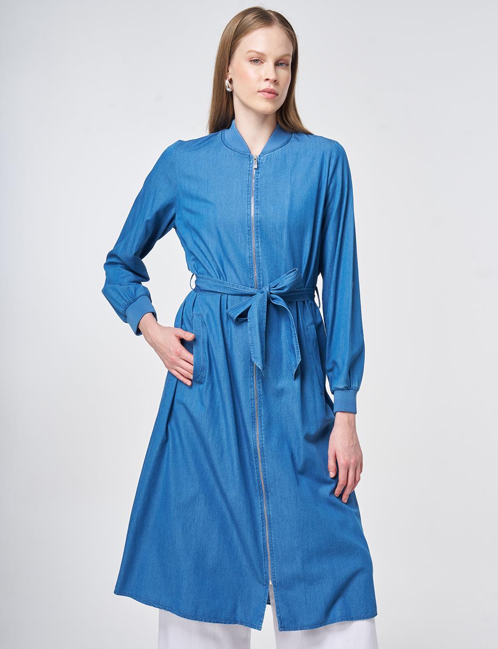 Rahat Kesim Yıkamalı Tunik Mavi