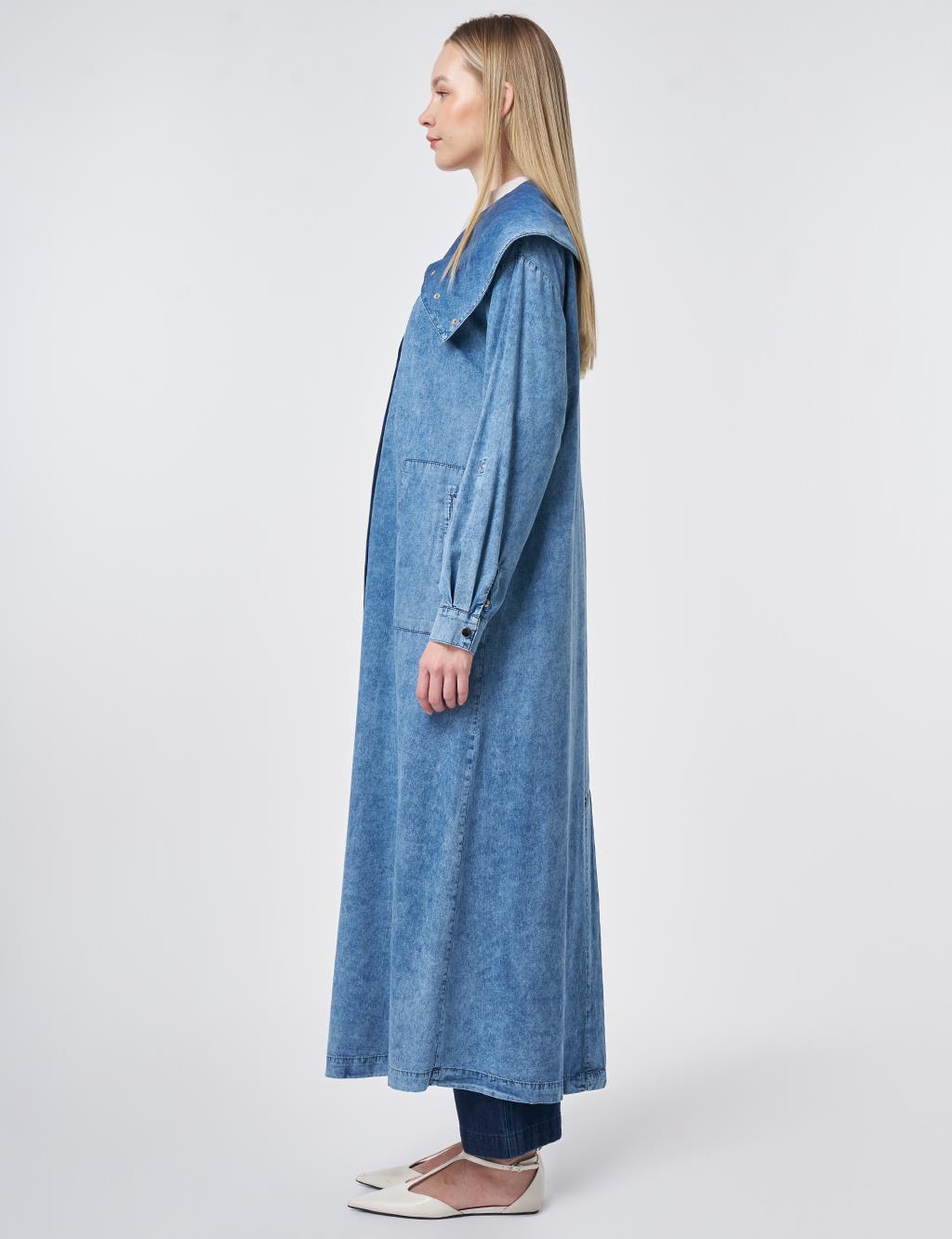 Geniş Yaka Yıkamalı Giy Çık Mavi