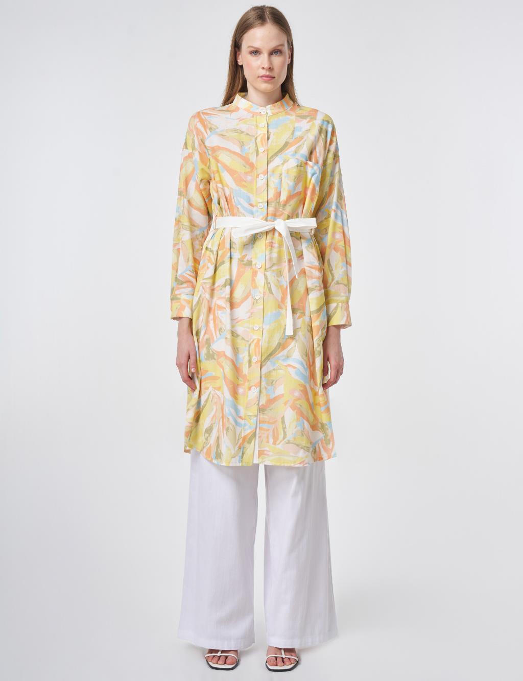 100% Cotton Mandarin Collar Long Tunic - Lime