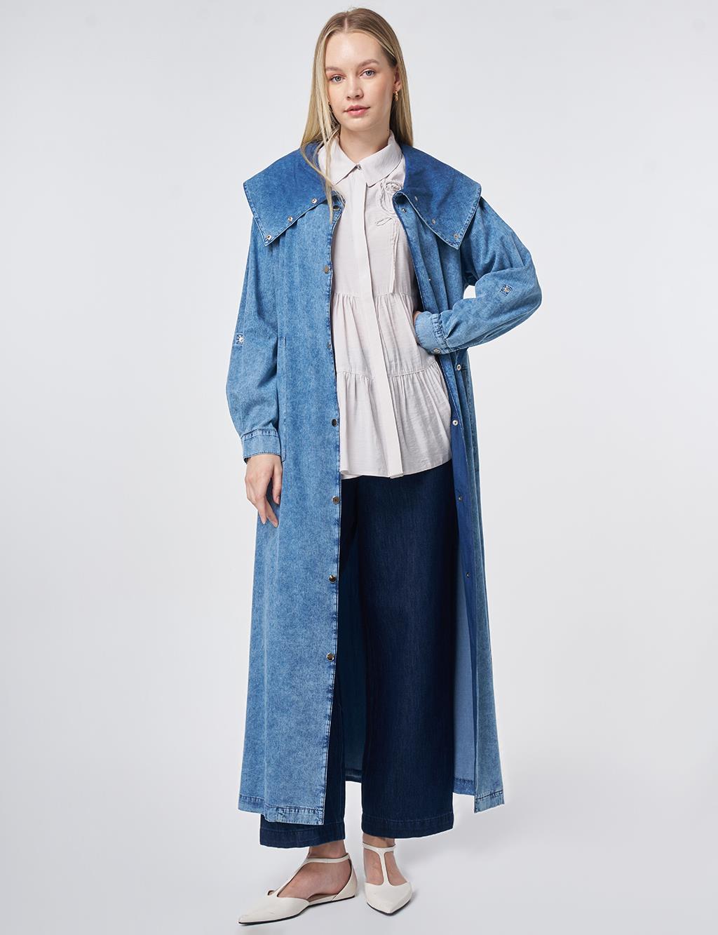 Geniş Yaka Yıkamalı Giy Çık Mavi