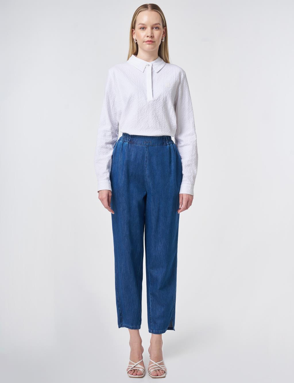 Washed Metallic Print Denim Trousers Blue