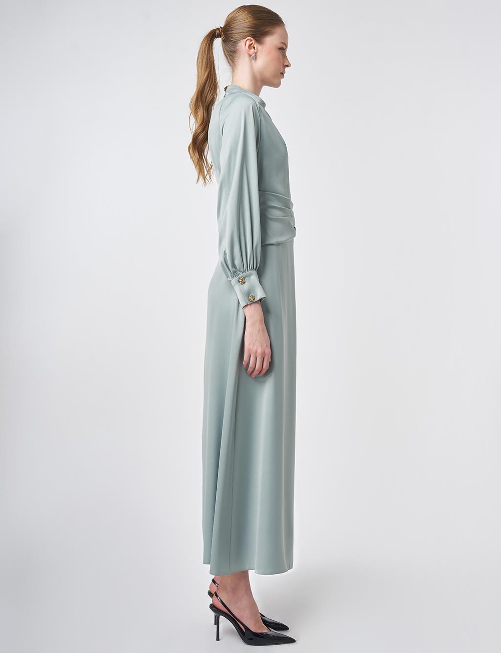 Drapeli Saten Elbise Buz Yeşili