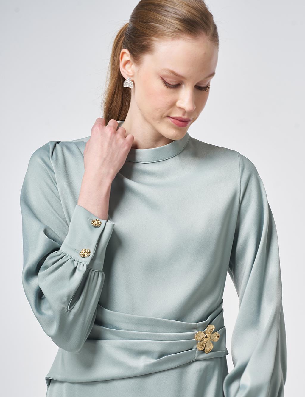 Drapeli Saten Elbise Buz Yeşili