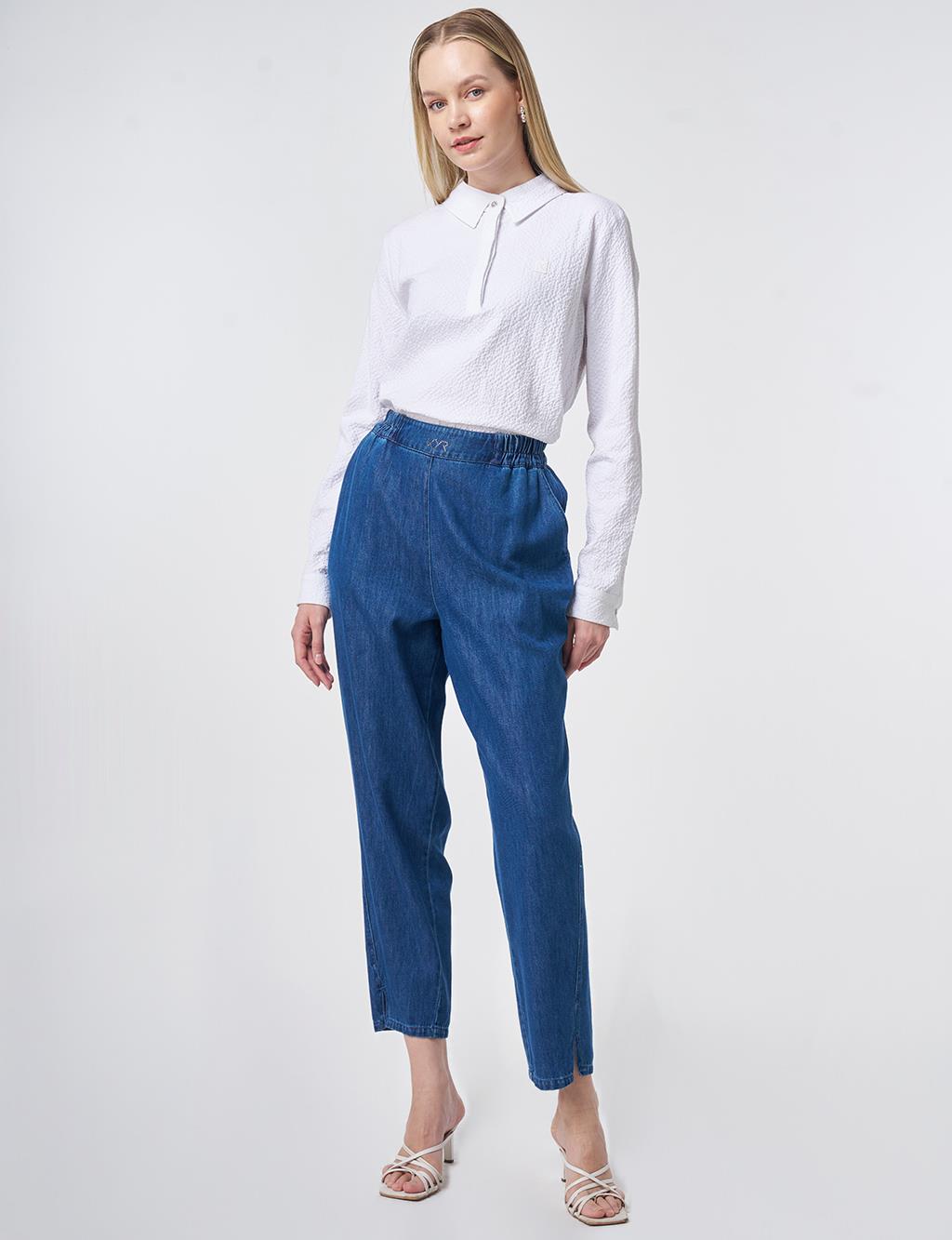 Washed Metallic Print Denim Trousers Blue