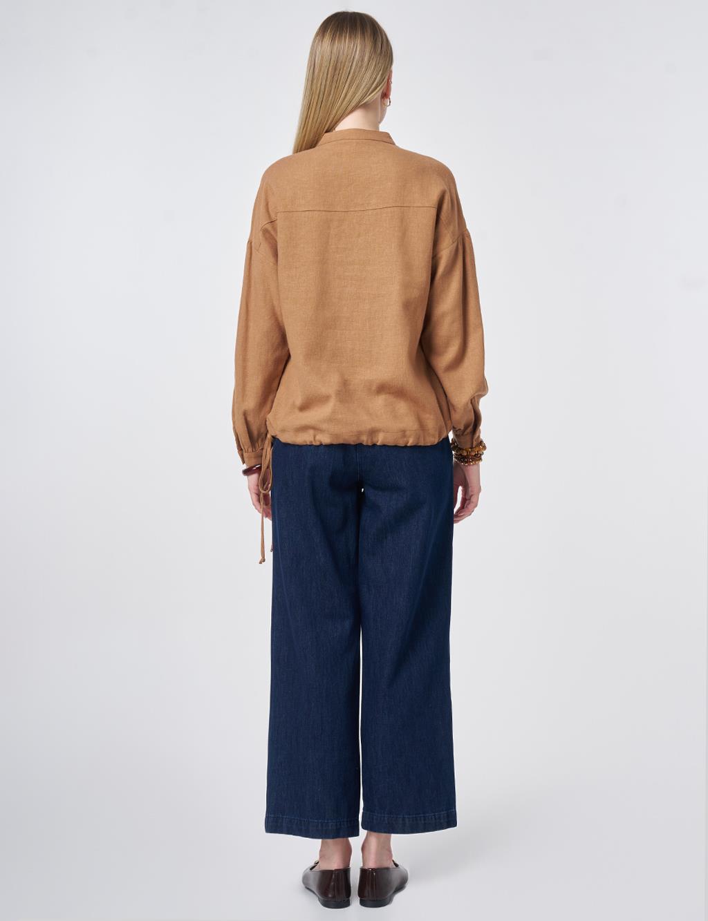 Stitch Detail Linen-Viscose Blouse Camel