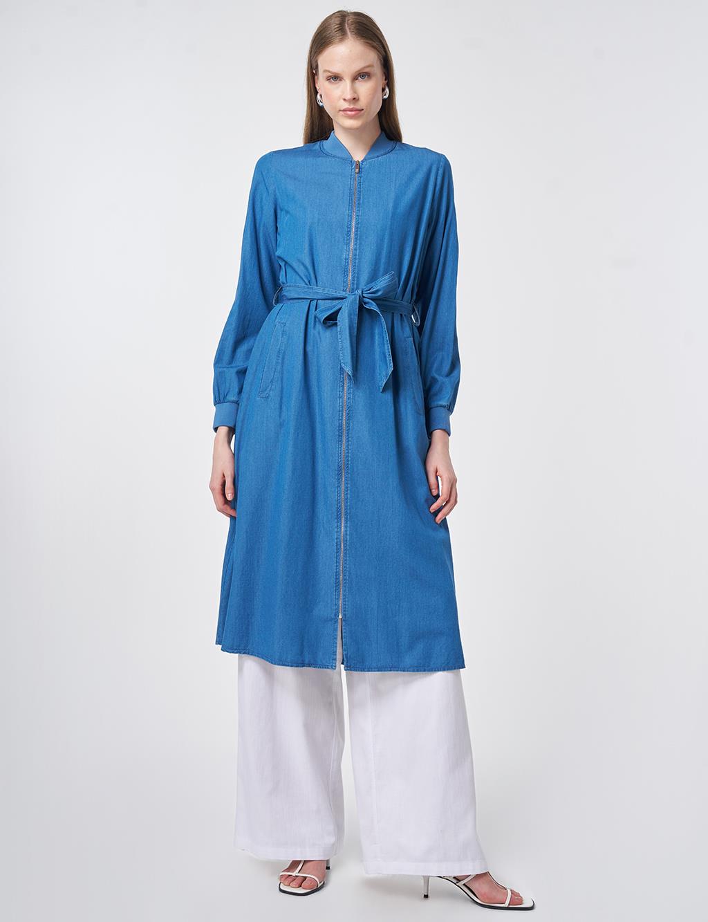 Rahat Kesim Yıkamalı Tunik Mavi