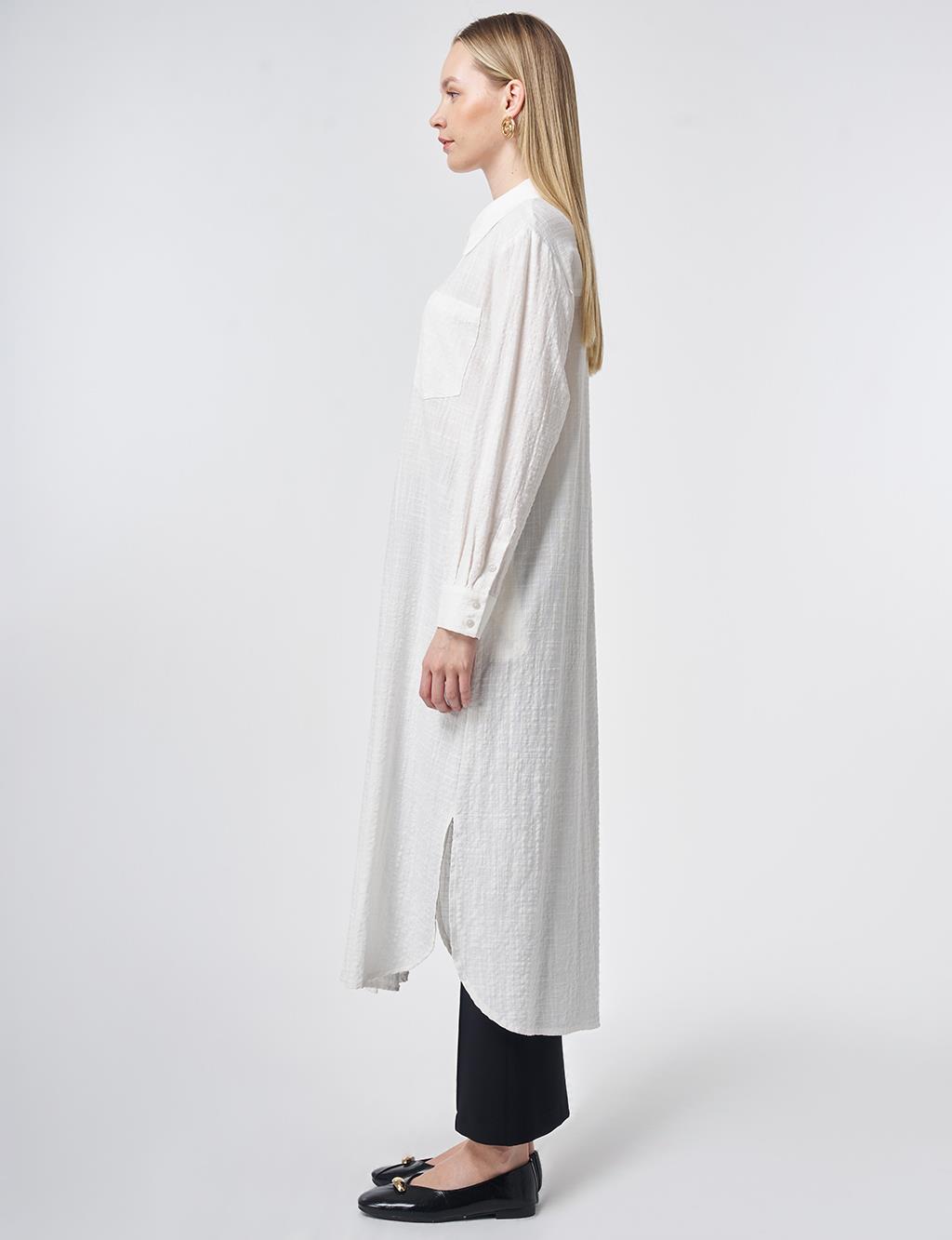 Embroidered Appliqué Textured Long Tunic in Off-White