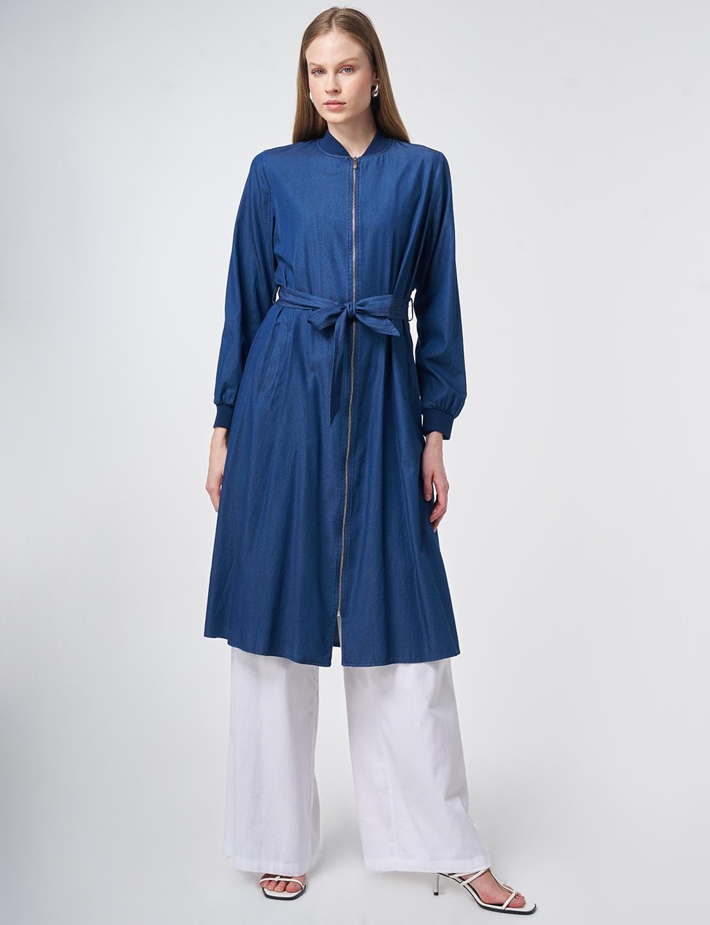 Rahat Kesim Yıkamalı Tunik İndigo