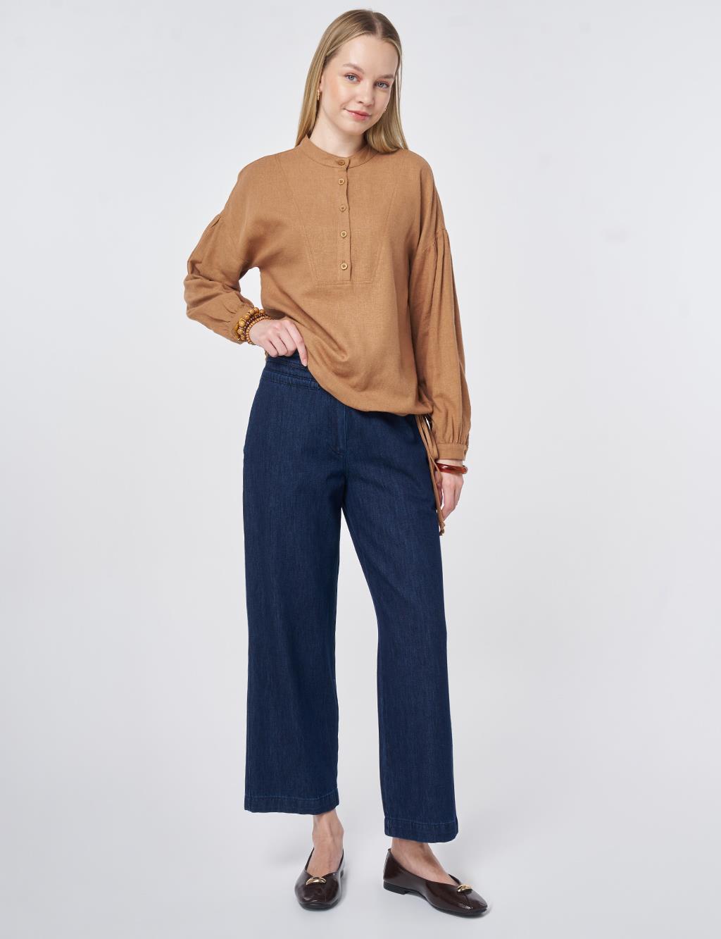 Stitch Detail Linen-Viscose Blouse Camel