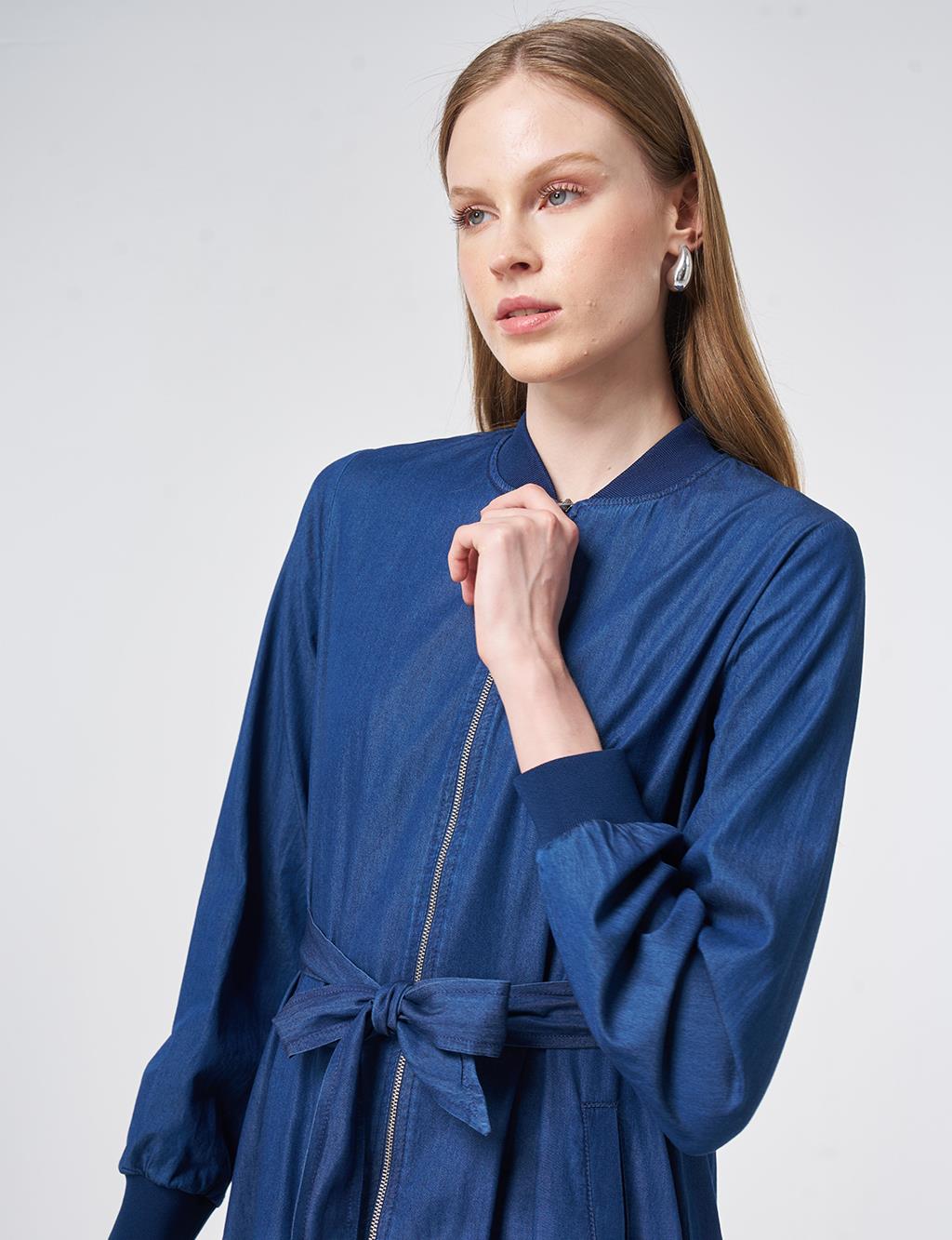 Rahat Kesim Yıkamalı Tunik İndigo