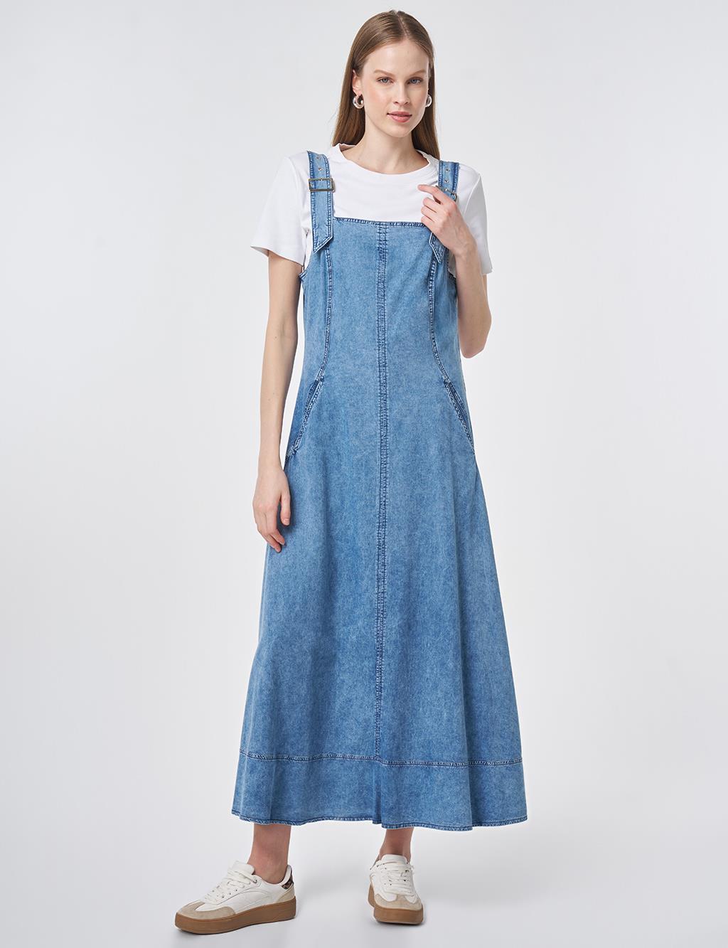 Denim Salopet Elbise Mavi