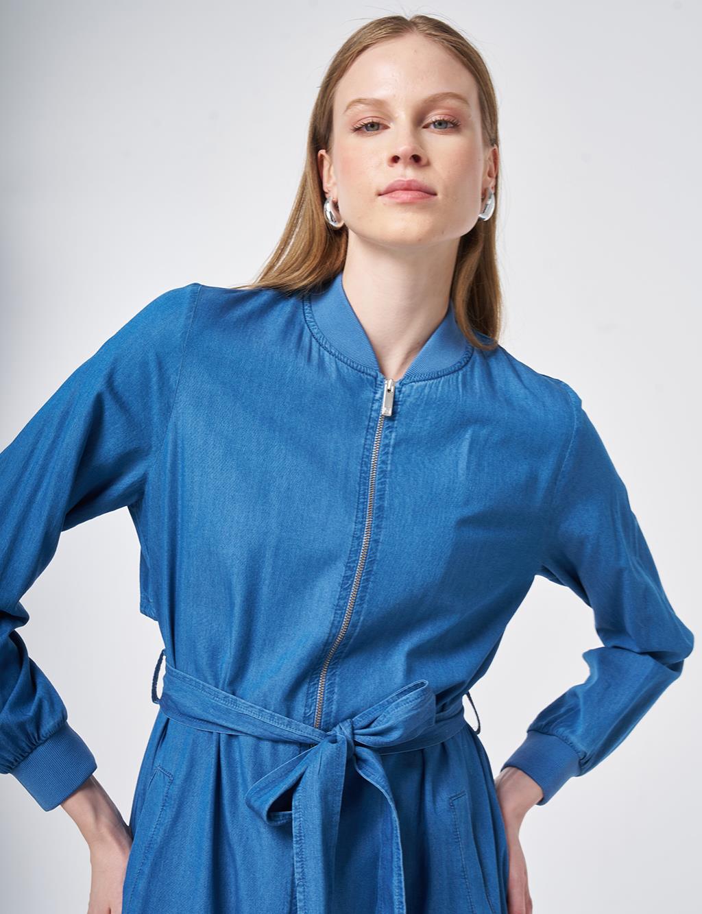 Rahat Kesim Yıkamalı Tunik Mavi