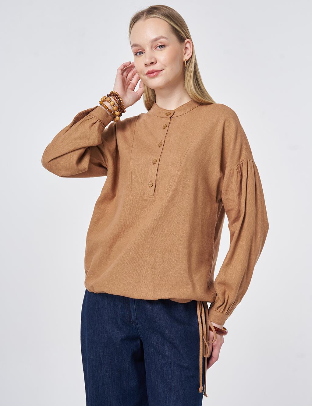 Stitch Detail Linen-Viscose Blouse Camel